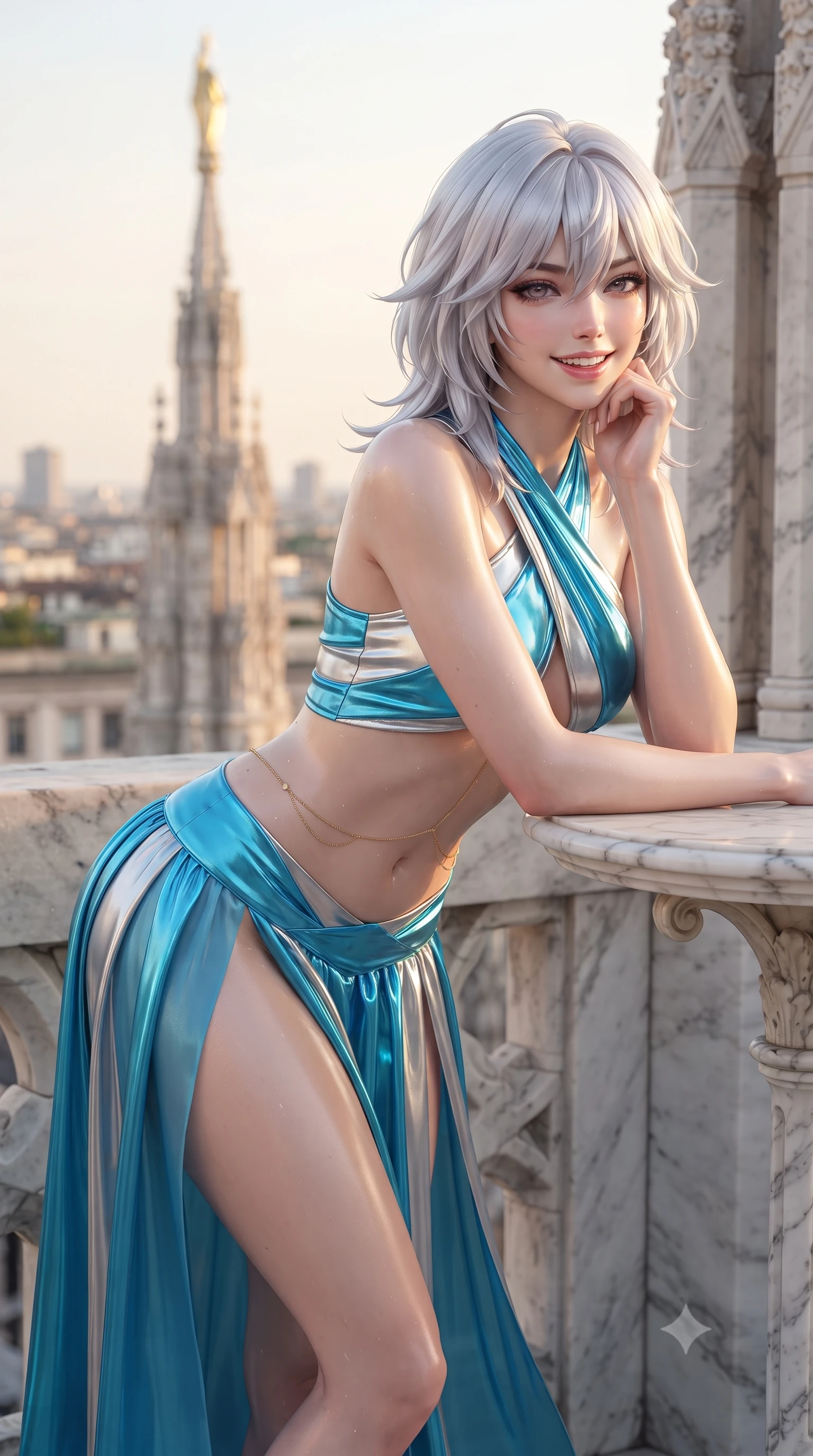 score_9, masterpiece, best quality, ultra-detailed, high-budget anime keyframe, editorial fashion photography, tasteful artistic composition, Japanese woman. close-up cowboy shot from the waist and thighs up, the character dominates the composition, filling the frame with her large presence. resting one elbow on the table and supporting her chin, leaning close to the camera with heavy-lidded sparkling eyes and parted lips while leaning against the intricate marble buttress with hips cocked back, looking out over the Milan skyline with an intoxicating smoldering gaze. The background shows a soft-focus gilded Madonnina spire softened in historic cathedral rooftop sanctuary shallow focus. She has an exceptionally elegant, slender, and willowy female figure with an ultra-slim waist, flat toned midriff, narrow ribcage, and sculpted feminine hips creating an alluring, slim hourglass silhouette without bulk. sharp v-shaped jawline, high-bridge nose, intricate jewel-like sparkling eyes with depth, thick eyelashes, glossy parted lips with a natural peach sheen, bright cheerful beaming smile with an enchanting and coquettish sensual glint, exuding both youthful cute charm and seductive allure, flawlessly proportioned anatomical accuracy, strict slender model proportions, natural body alignment, perfectly sculpted long slender limbs, ultra-slim waistline, clean dynamic posture without body distortion. wearing a modern Arabian-inspired metallic lame wrap top with bare midriff and a high-slit chiffon harem pant skirt in Shibuya electric cyan and chrome silver, crafted from high-tensile reflective patent leather with sleek specular highlights, accented with a dainty gold belly chain resting across her flat midriff and curving hips, the form-contouring silhouette accentuating her sculpted flat midriff, narrow delicate ribcage, and gracefully curvy hips with intoxicating allure. illuminated by white marble bounce fill and razor-sharp platinum-gold rim lights defining her dewy collarbones, ultra-slim waist, and curvy hips. ultra-reflective glossy finish, specular highlights, rich textural contrasts, high-contrast stereoscopic depth, volumetric dynamic lighting, 2k, ultra detail, master piece, 9:16 ratio