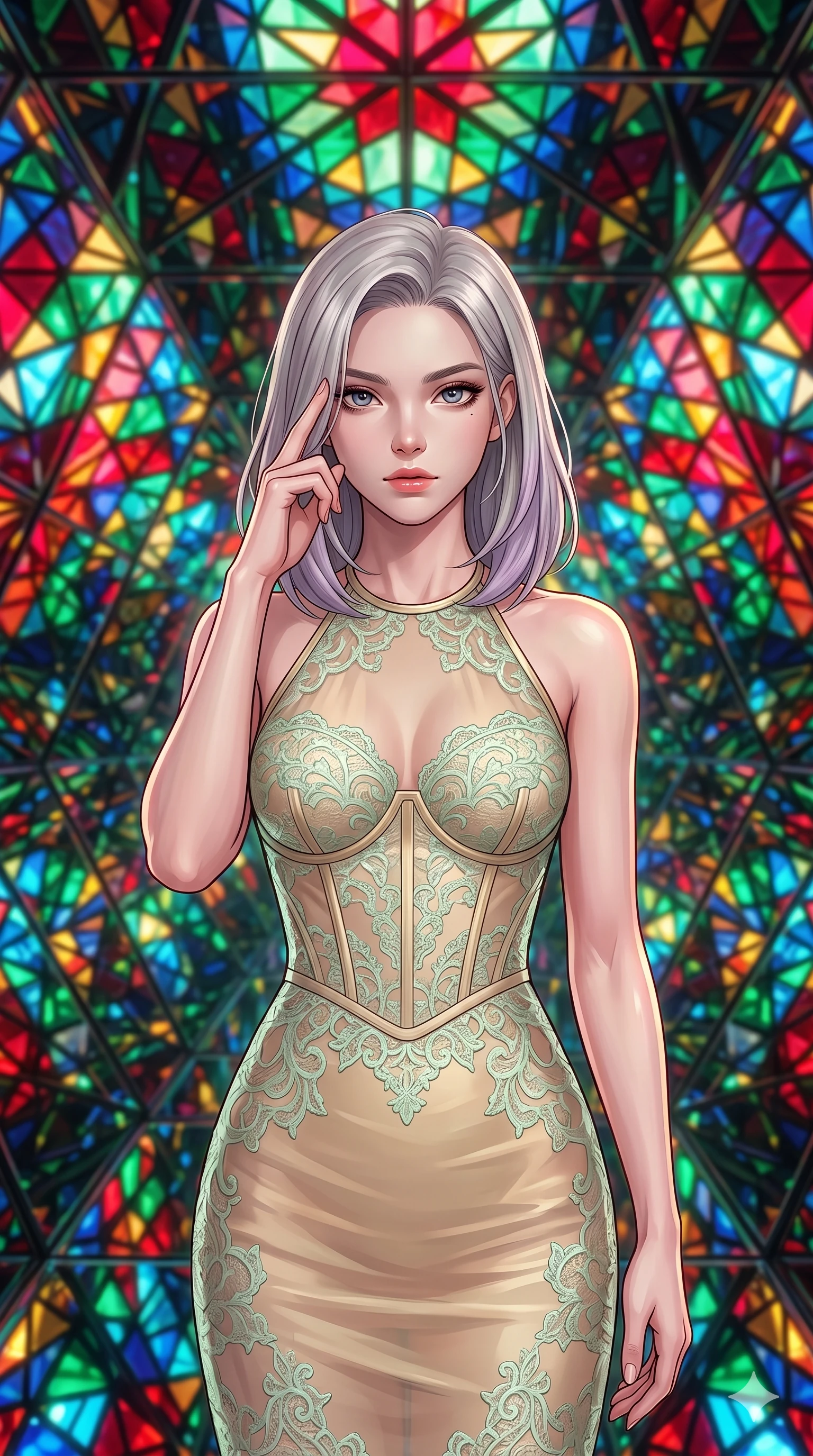 score_9, masterpiece, best quality, ultra-detailed, high-budget anime keyframe, editorial fashion photography, tasteful artistic composition, Caucasian woman, strictly human ears. close-up cowboy shot from the waist and thighs up, the character dominates the composition, filling the frame with her large presence, background elements kept in soft focus. Pressing two fingers to her temple in a composed thoughtful gesture. set against a soft-focus background of walking through the interior of a building-sized kaleidoscope where angled mirrors multiply geometric patterns of colored glass into infinite symmetrical fractals stretching in every direction. She has an exceptionally elegant and slender, willowy female figure with an ultra-slim waist, a gracefully sculpted slender torso, and a refined slim physique. sharp v-shaped jawline, high-bridge nose, intricate jewel-like eyes with depth, thick eyelashes, glossy lips with a natural sheen. wearing a semi-transparent halter dress in champagne gold, featuring a mint green lace overlay and a visible structured corset bodice. intensely saturated light from colored glass elements reflecting and multiplying in the mirrors creating an overwhelming symphony of ruby emerald sapphire and amber light. 2k, ultra detail, master piece, 9:16 ratio
