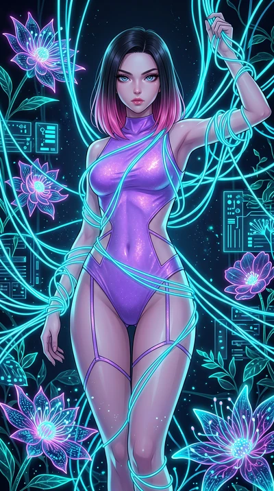 score_9, masterpiece, best quality, ultra-detailed, High-budget Anime Keyframe, East Asian woman. Low angle cowboy shot filling the entire 9:16 frame with her statuesque presence. Scenario 516: tangled in a web of glowing cyan fiber-optic cables insi