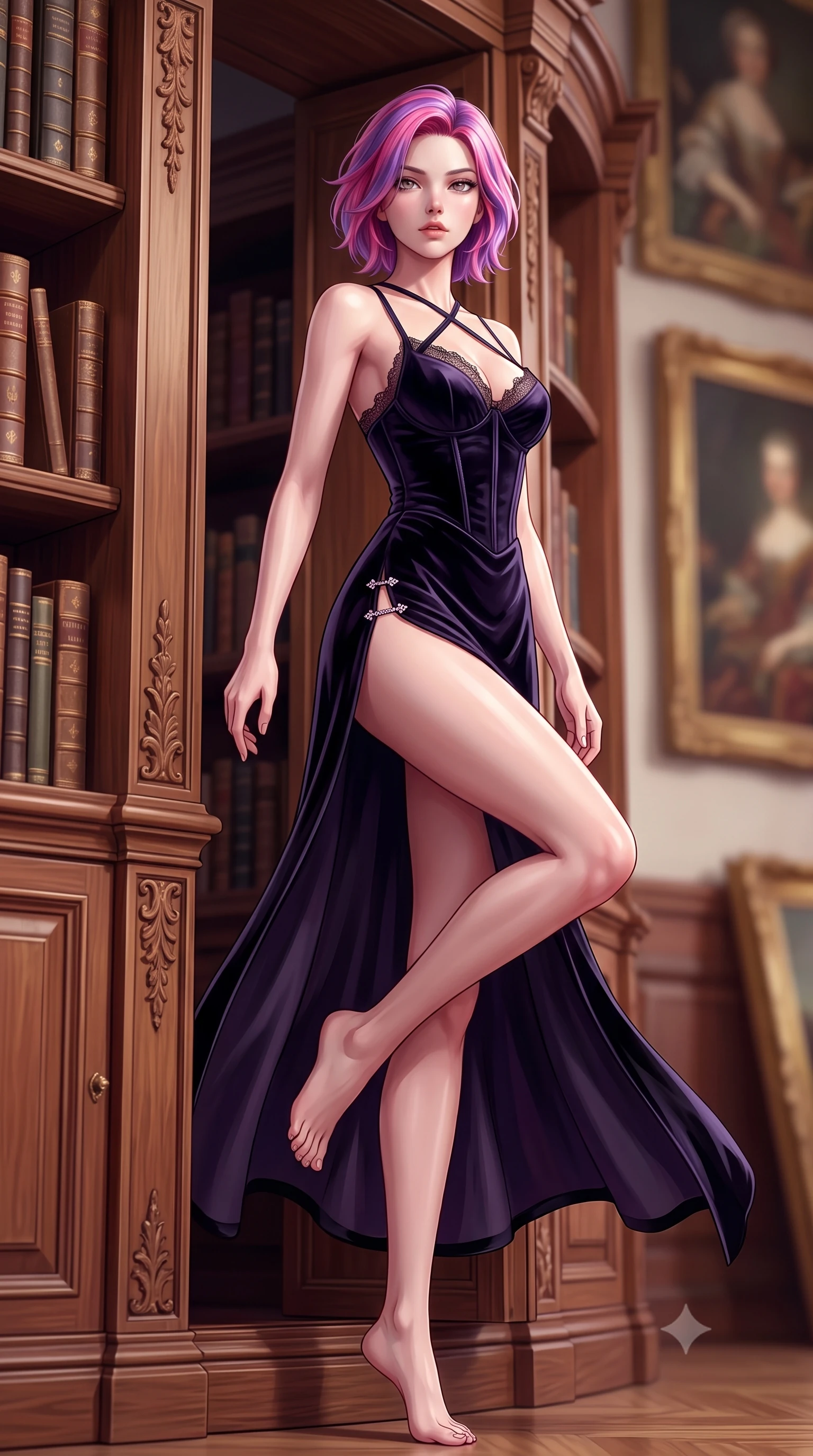 score_9, masterpiece, best quality, ultra-detailed, high-budget anime keyframe, semi-realistic 3D game render, editorial fashion photography, tasteful artistic composition, Caucasian woman. low angle full-body shot from head to toe showing her feet, filling the entire 9:16 vertical frame with her statuesque presence, stretching her vertical silhouette. pivoting dynamically with supreme athletic balance and poise, her impossibly long slender legs creating a breathtaking line while slipping through a secret revolving bookcase door from the grand library with sovereign stealth and fluid grace. The composition keeps background elements in soft focus with creamy bokeh. antique oil paintings and carved baroque wooden library shelves softened in romantic shallow focus. She has an absolutely perfect, statuesque 8.5-heads proportion, an exceptionally tall and slender model-like female figure with impossibly long slender legs, a toned flat midriff, and an ultra-slim waist. sharp v-shaped jawline, high-bridge nose, intricate jewel-like eyes with depth, thick eyelashes, glossy lips with a natural sheen, captivating and magnetic expression, flawlessly proportioned anatomical accuracy, strict slender model proportions, natural body alignment, perfectly sculpted long slender limbs, ultra-slim waistline, clean dynamic posture without body distortion. wearing a high-slit velvet corset dress with delicate lace-trimmed bodice and crossed back straps in shadow black with subtle deep violet undertones, crafted from lightweight carbon-titanium composite with precision beveled seams, finished with an ultra-high side slit secured by miniature jeweled clasps, the breezy yet form-flattering drape swaying gracefully with her steps, accentuating her long willowy limbs and slim waistline. surrounded by an enigmatic, enchanting, and lethal undercover spy duchess aura. highly saturated vibrant anime colors, detailed shading with soft gradients, rich glossy textures, high-contrast stereoscopic depth, volumetric dynamic lighting, master piece, 9:16 ratio