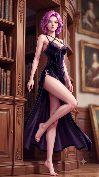 score_9, masterpiece, best quality, ultra-detailed, high-budget anime keyframe, semi-realistic 3D game render, editorial fashion photography, tasteful artistic composition, Caucasian woman. low angle full-body shot from head to toe showing her feet, 