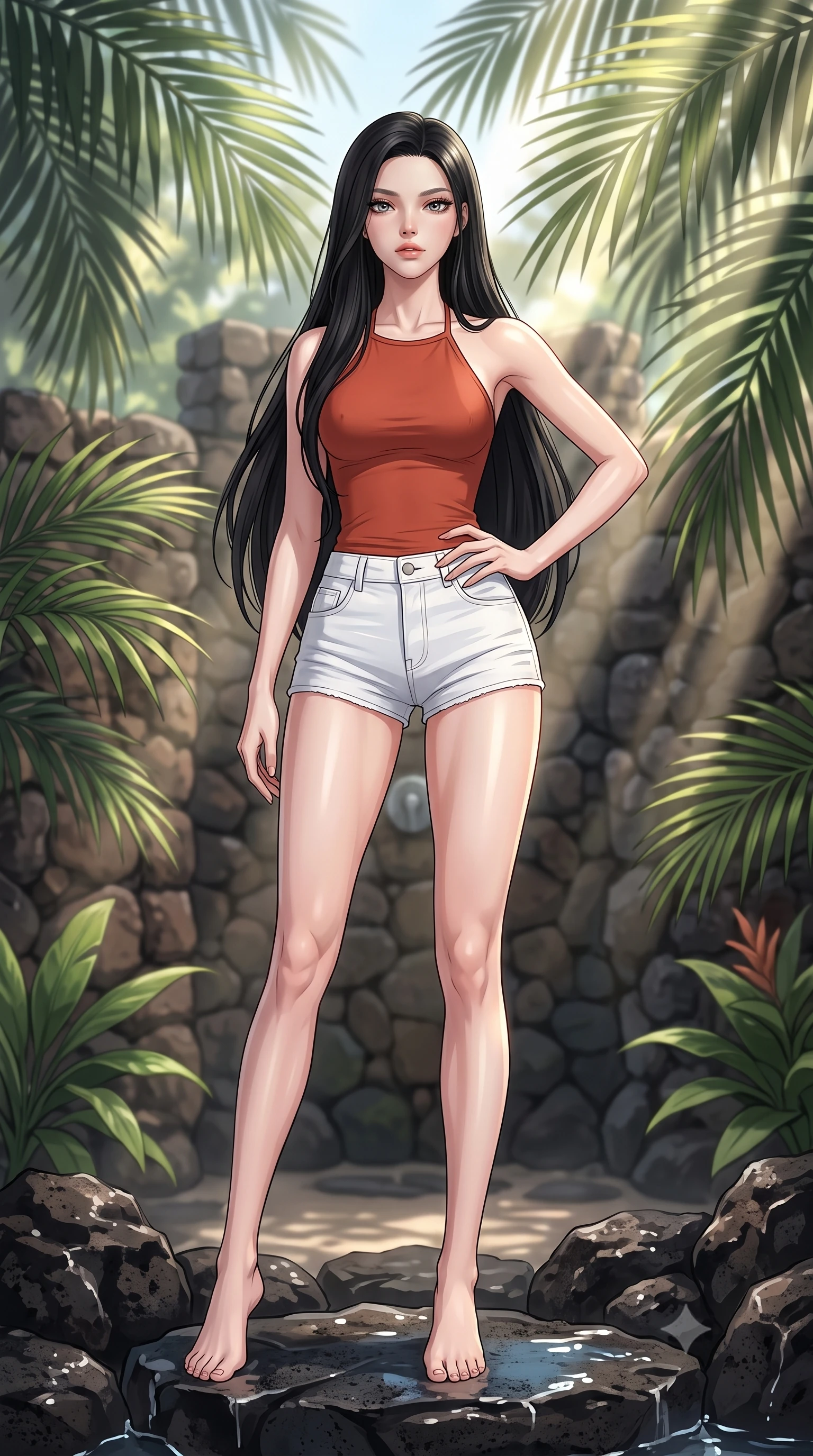 score_9, masterpiece, best quality, ultra-detailed, high-budget anime keyframe, tasteful artistic composition, Korean woman. low angle full-body shot from head to toe showing her feet, filling the entire 9:16 vertical frame with her statuesque presence, stretching her vertical silhouette. posing confidently with one hand on her hip, stretching her statuesque body to emphasize her curves the background shows a soft-focus a tropical outdoor villa shower built of volcanic rocks, surrounded by large palm leaves. She has an absolutely perfect, statuesque 8.5-heads proportion, an exceptionally tall and slender model-like female figure with impossibly long slender legs and an ultra-slim waist. sharp v-shaped jawline, high-bridge nose, intricate jewel-like eyes with depth, thick eyelashes, glossy lips with a natural sheen. wearing a slim-fit backless halter top in terracotta red, paired with white denim micro-shorts. sun rays slicing through the palm fronds, creating dramatic volumetric shafts of light. highly saturated vibrant anime colors, cel-shading, 2d style, master piece, 9:16 ratio