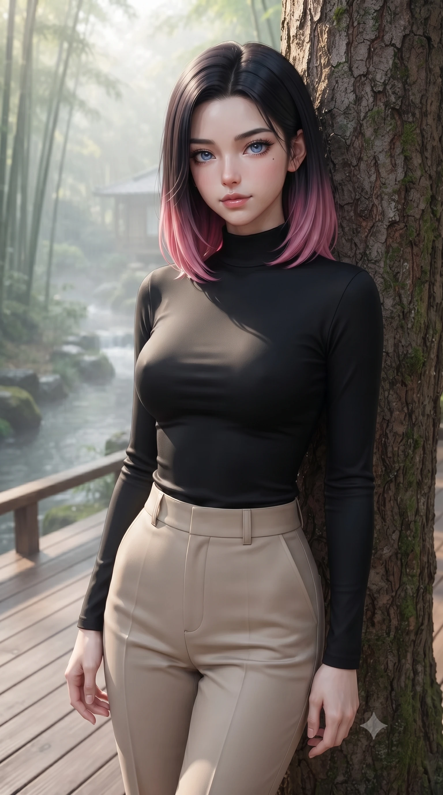 score_9, masterpiece, best quality, ultra-detailed, high-budget anime keyframe, editorial fashion photography, tasteful artistic composition, Korean woman woman. close-up cowboy shot from the waist and thighs up, the character dominates the composition, filling the frame with her large presence, background elements kept in soft focus. standing relaxed against a tree trunk, sharing a quiet, serene moment with the viewer the background shows a soft-focus a wooden deck of a traditional Japanese inn overlooking a quiet stream and bamboo grove. She has an exceptionally elegant, slender, and willowy female figure with an ultra-slim waist, a gracefully sculpted slender torso, and a refined silhouette. sharp v-shaped jawline, high-bridge nose, intricate jewel-like eyes with depth, thick eyelashes, glossy lips with a natural sheen. wearing a slim-fit body-hugging long-sleeve mock-neck top in black, tucked into tailored high-waisted beige trousers. soft morning mist diffusing the sunlight, creating a tranquil atmosphere. ultra-reflective glossy finish, specular highlights, metallic sheen, high-contrast stereoscopic depth, volumetric dynamic lighting, 2k, ultra detail, master piece, 9:16 ratio