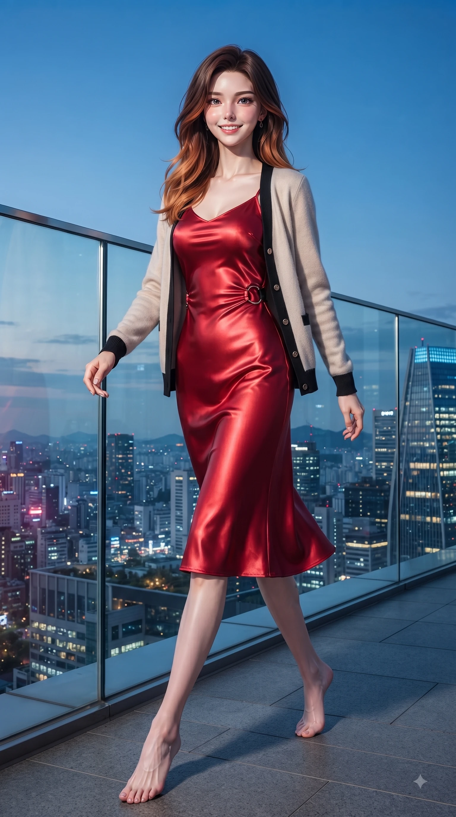 score_9, masterpiece, best quality, ultra-detailed, high-budget anime keyframe, editorial fashion photography, tasteful artistic composition, Korean woman. low angle full-body shot from head to toe showing her feet, filling the entire 9:16 vertical frame with her statuesque presence, stretching her vertical silhouette. walking forward in a proud dynamic stride with a cheerful beaming smile, her vertical silhouette filling the frame while pivoting dynamically near a glass railing with city skyscraper outlines behind her. The surrounding environment is rendered in vivid detail and crisp panoramic clarity. intricate city skyline details, twilight sky gradients, and modern architectural lines in high clarity. She has an absolutely perfect, statuesque 8.5-heads proportion, an exceptionally tall and slender model-like female figure with impossibly long slender legs and an ultra-slim waist. sharp v-shaped jawline, high-bridge nose, intricate jewel-like eyes with depth, thick eyelashes, glossy lips with a natural sheen, flawlessly proportioned anatomical accuracy, natural body alignment, perfectly sculpted elegant limbs, clean dynamic posture without body distortion. wearing a glossy satin slip dress layered under a soft cashmere cardigan in vibrant scarlet red and sleek black trim, crafted from smooth liquid silk satin, accented with subtle metallic ring hardware framing her waist, the glove-like fit emphasizing her statuesque silhouette during motion. illuminated by crisp specular highlights and clear rim lighting. ultra-reflective glossy finish, specular highlights, metallic sheen, high-contrast stereoscopic depth, volumetric dynamic lighting, 2k, ultra detail, master piece, 9:16 ratio