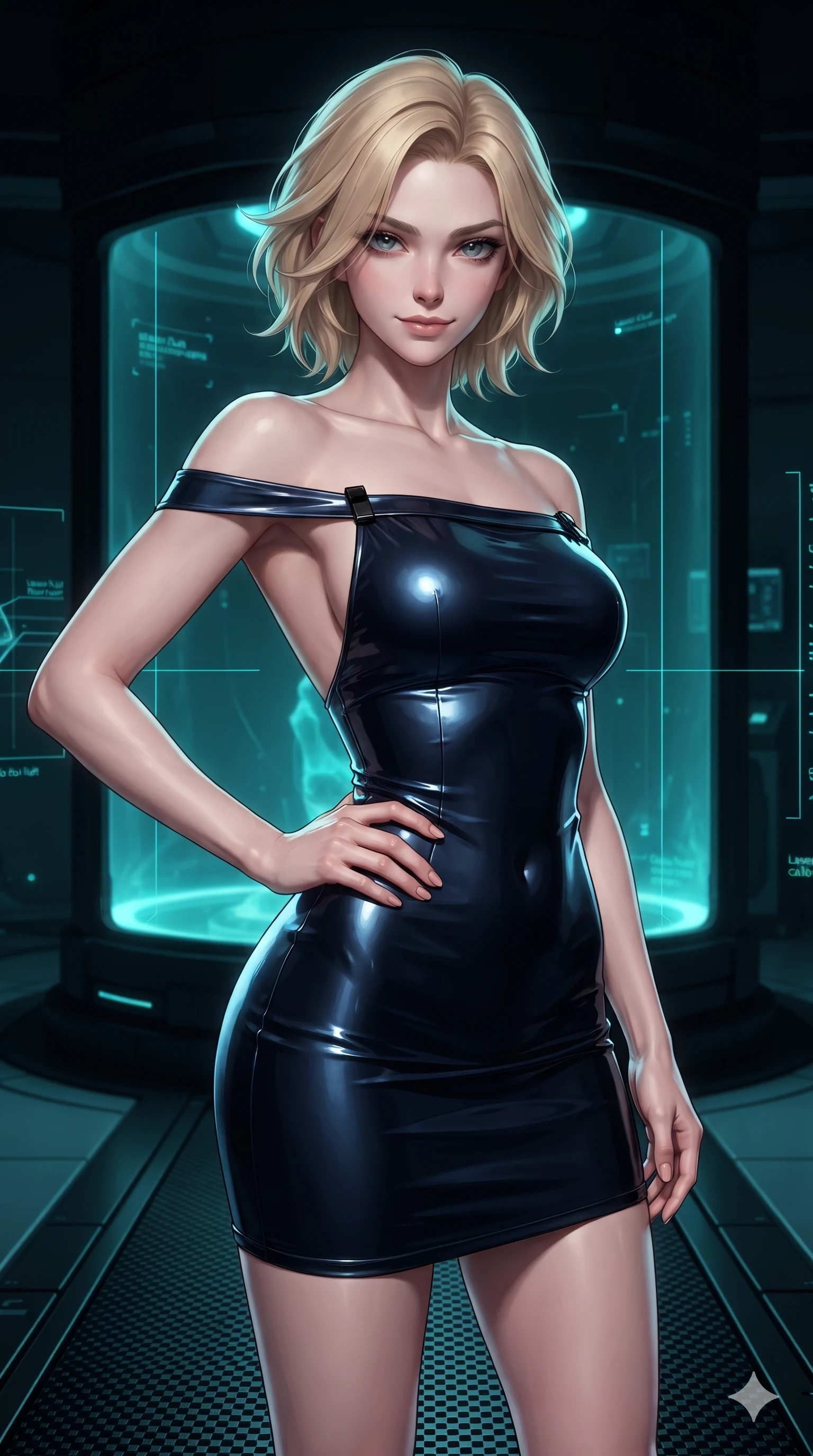 score_9, masterpiece, best quality, ultra-detailed, high-budget anime keyframe, editorial fashion photography, tasteful artistic composition, Caucasian woman. close-up cowboy shot from the waist and thighs up, the character dominates the composition, filling the frame with her large presence. holding a confident power pose with one hand on her hip, looking into the lens with smoldering intensity while poised on a dark carbon-fiber platform while laser calibration grids scan the room, glowing cyan stasis fluid casting ethereal inner glow through dark glass. The surrounding environment is rendered in vivid detail and crisp panoramic clarity: detailed high-neck ribbed activewear bodysuit tailoring, titanium buckles, and clean cybernetic hardware in razor-sharp precision. She has an exceptionally elegant, slender, and willowy female figure with an ultra-slim waist, flat toned midriff, narrow ribcage, and sculpted feminine hips creating an alluring, slim hourglass silhouette without bulk. sharp v-shaped jawline, high-bridge nose, intricate jewel-like dark sparkling eyes with hypnotic seductive depth, thick curled eyelashes, glossy parted lips with a natural wine sheen, alluring bedroom-eyes with an enigmatic smoldering smile, exuding magnetic sovereign charisma and dark avant-garde glamour, flawlessly proportioned anatomical accuracy, strict slender model proportions, natural body alignment, perfectly sculpted long slender limbs, ultra-slim waistline, clean dynamic posture without body distortion. wearing a backless liquid vinyl mini slip dress with bare shoulder neckline in midnight navy blue and smoky pitch black, tailored from soft dark satin with subtle light-absorbing depth, adorned with minimalist black onyx hardware framing the silhouette, contouring every curve with an exceptionally elegant silhouette and captivating allure. illuminated by stasis fluid floor bounce and sharp electric-cyan rim lights defining her razor-sharp jawline, narrow waist, and curvy hips. ultra-reflective glossy finish, specular highlights, metallic sheen, high-contrast stereoscopic depth, volumetric dynamic lighting, 2k, ultra detail, master piece, 9:16 ratio