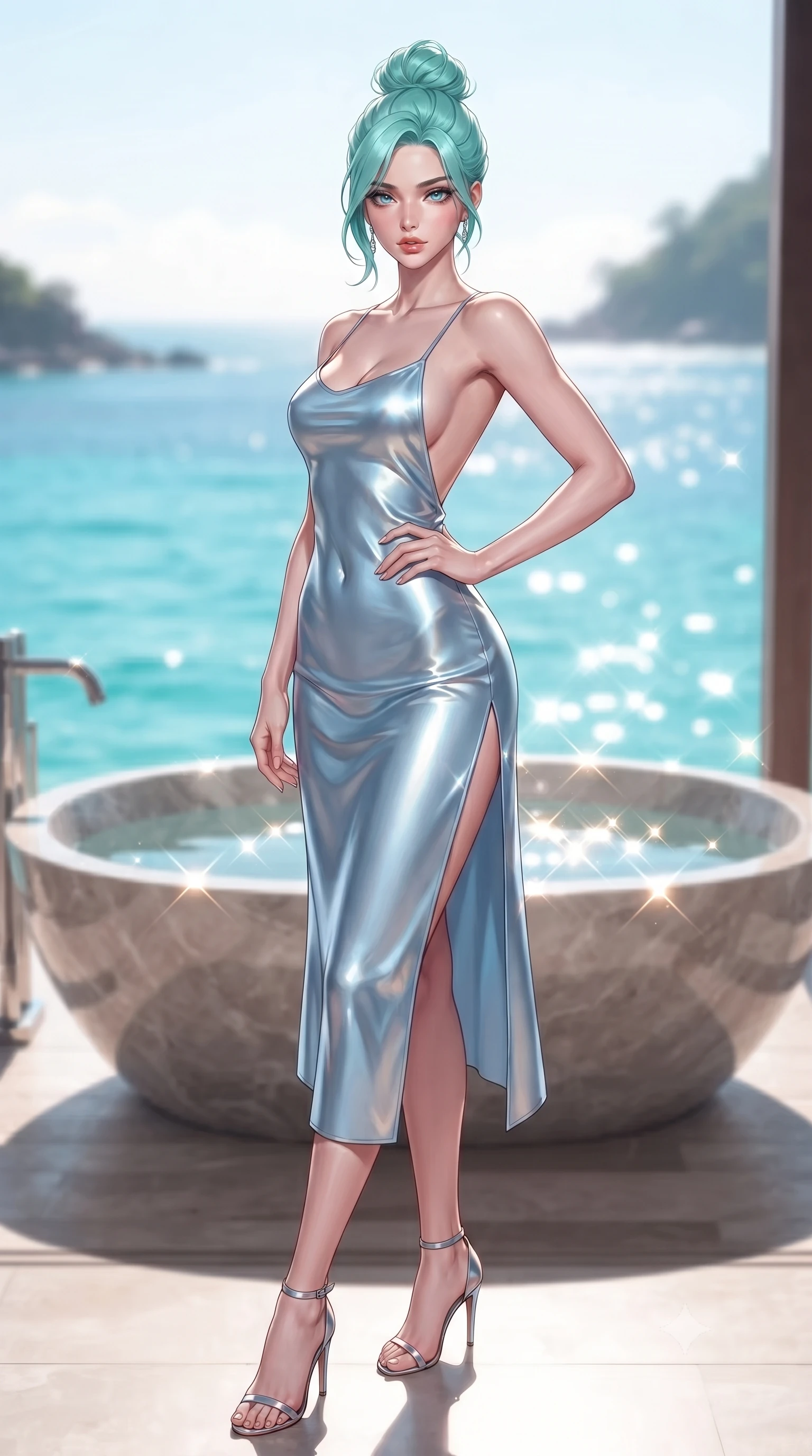 score_9, masterpiece, best quality, ultra-detailed, high-budget anime keyframe, editorial fashion photography, tasteful artistic composition, Japanese woman woman. low angle full-body shot from head to toe showing her feet, filling the entire 9:16 vertical frame with her statuesque presence, stretching her vertical silhouette. posing confidently with one hand on her hip, stretching her statuesque body to emphasize her curves the background shows a soft-focus a stone bath tub on a private deck overlooking a quiet bay with turquoise water. She has an absolutely perfect, statuesque 8.5-heads proportion, an exceptionally tall and slender model-like female figure with impossibly long slender legs and an ultra-slim waist. sharp v-shaped jawline, high-bridge nose, intricate jewel-like eyes with depth, thick eyelashes, glossy lips with a natural sheen. wearing a slim-fit lightweight silk slip dress in baby blue with a high side slit and a low-cut back. bright morning sun rays creating sparkling glints on the sea and water tub. ultra-reflective glossy finish, specular highlights, metallic sheen, high-contrast stereoscopic depth, volumetric dynamic lighting, 2k, ultra detail, master piece, 9:16 ratio