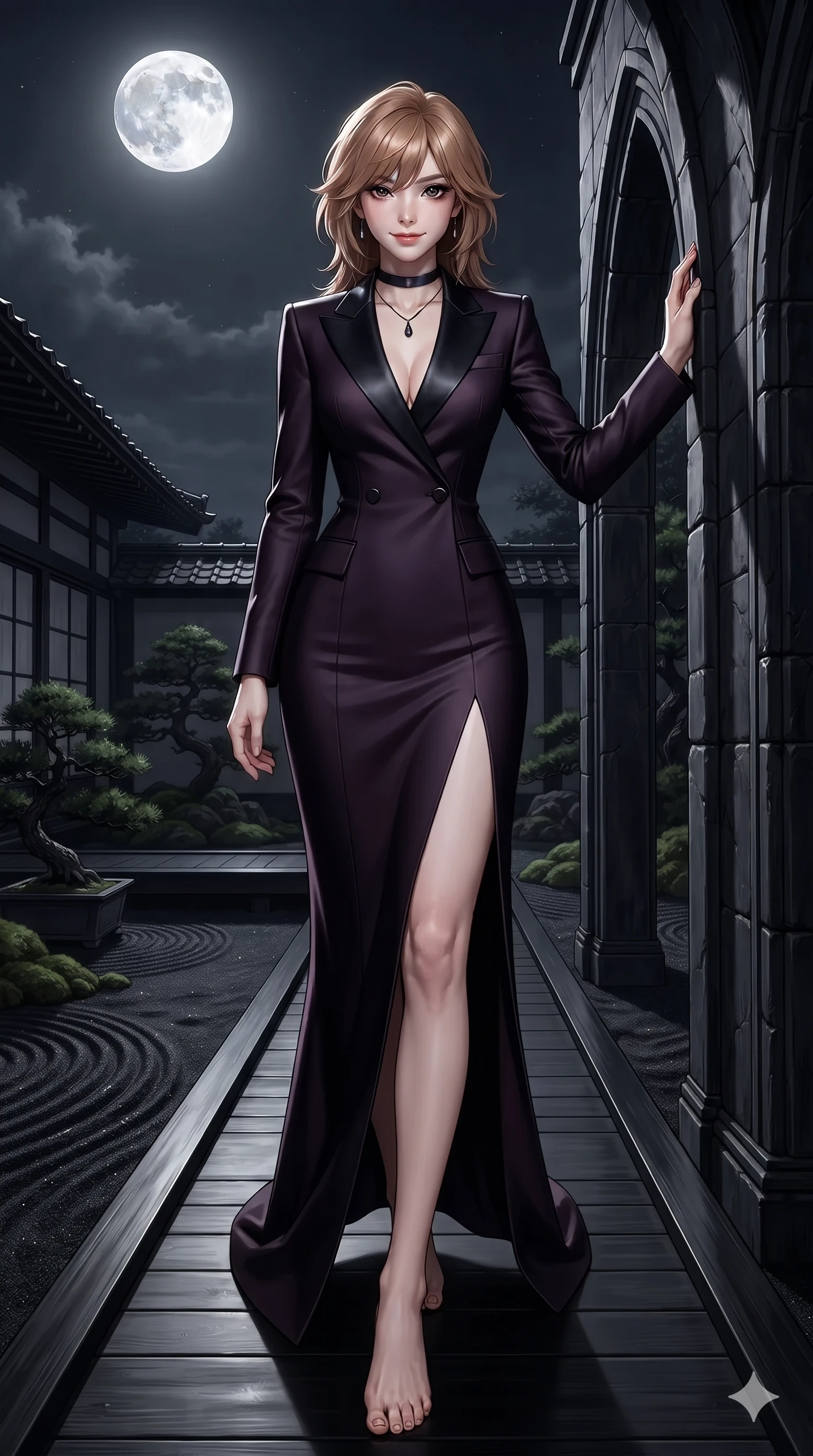 score_9, masterpiece, best quality, ultra-detailed, high-budget anime keyframe, editorial fashion photography, tasteful artistic composition, Korean woman. low angle full-body shot from head to toe showing her feet, filling the entire 9:16 vertical frame with her statuesque presence, stretching her vertical silhouette. standing tall beside the towering gothic arch, one hand resting high while arching her lower back to emphasize her sculpted feminine curves while walking slowly along the raised black timber walkway with hypnotic grace, hips swaying in an alluring sensual rhythm. The surrounding environment is rendered in vivid detail and crisp panoramic clarity: detailed liquid mercury metallic gown tailoring, hip-high side slit, and traditional Japanese garden craft in razor-sharp precision. She has an absolutely perfect, statuesque 8.5-heads proportion, an exceptionally tall and slender model-like female figure with impossibly long slender legs, an ultra-slim waist, a flat toned midriff, narrow delicate ribcage, and beautifully sculpted feminine hips creating a graceful, slim hourglass silhouette without any bulky heaviness. sharp v-shaped jawline, high-bridge nose, intricate jewel-like dark sparkling eyes with hypnotic seductive depth, thick curled eyelashes, glossy parted lips with a natural wine sheen, alluring bedroom-eyes with an enigmatic smoldering smile, exuding magnetic sovereign charisma and dark avant-garde glamour, flawlessly proportioned anatomical accuracy, strict slender model proportions, natural body alignment, perfectly sculpted long slender limbs, ultra-slim waistline, clean dynamic posture without body distortion. wearing a tailored onyx black tux dress with silk lapels and fitted waist in obsidian black and dark plum violet, woven from bespoke high-density barathea wool with refined ceremonial hold, finished with a minimalist dark choker and a single teardrop pendant, accentuating her gracefully sculpted slender torso and statuesque proportions. bathed in the blinding, crisp 5500K silver light of the full moon casting razor-sharp shadows across the black sand. ultra-reflective glossy finish, specular highlights, metallic sheen, high-contrast stereoscopic depth, volumetric dynamic lighting, 2k, ultra detail, master piece, 9:16 ratio