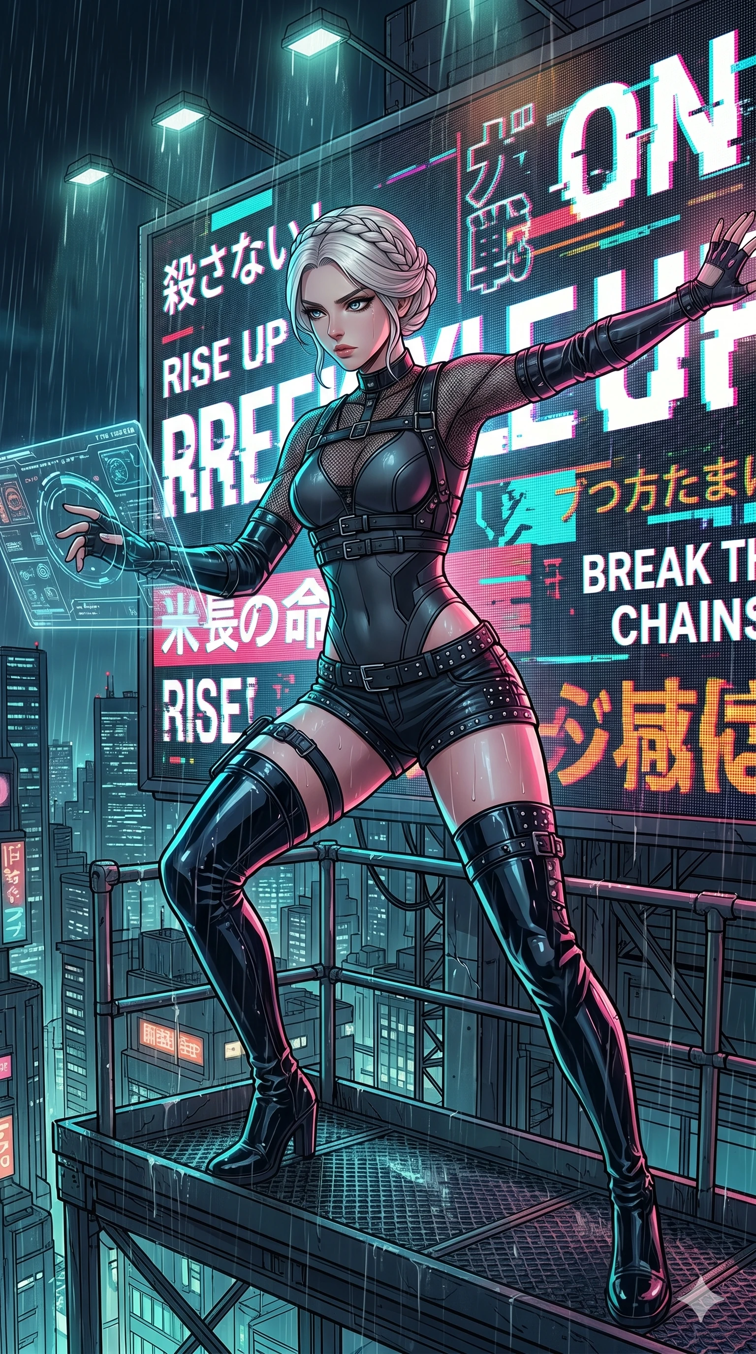 score_9, masterpiece, best quality, ultra-detailed, high-budget anime movie keyframe, cinematic anime lighting, intricate line art, Japanese woman. Low angle cowboy shot capturing a powerful motion and statuesque presence. hacking a giant billboard to display a message of rebellion. She has an absolutely perfect 8-heads proportion, an exceptionally tall and slender female figure with graceful and slender proportions. strictly human anatomy, two legs only, no extra limbs, clearly defined legs and arms, perfect anatomy, perfect hands and fingers. sharp v-shaped jawline, high-bridge nose, intricate jewel-like eyes, thick eyelashes, glossy lips. Wearing Dynamic performance outfit: Leather harness over mesh, sleek bodysuit, studded stylish shorts, and thigh-high patent boots. The scene is illuminated by dramatic atmospheric lighting and vibrant color palettes. , 2k, ultra detail, master piece, 9:16 ratio