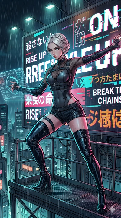 score_9, masterpiece, best quality, ultra-detailed, high-budget anime movie keyframe, cinematic anime lighting, intricate line art, Japanese woman. Low angle cowboy shot capturing a powerful motion and statuesque presence. hacking a giant billboard t