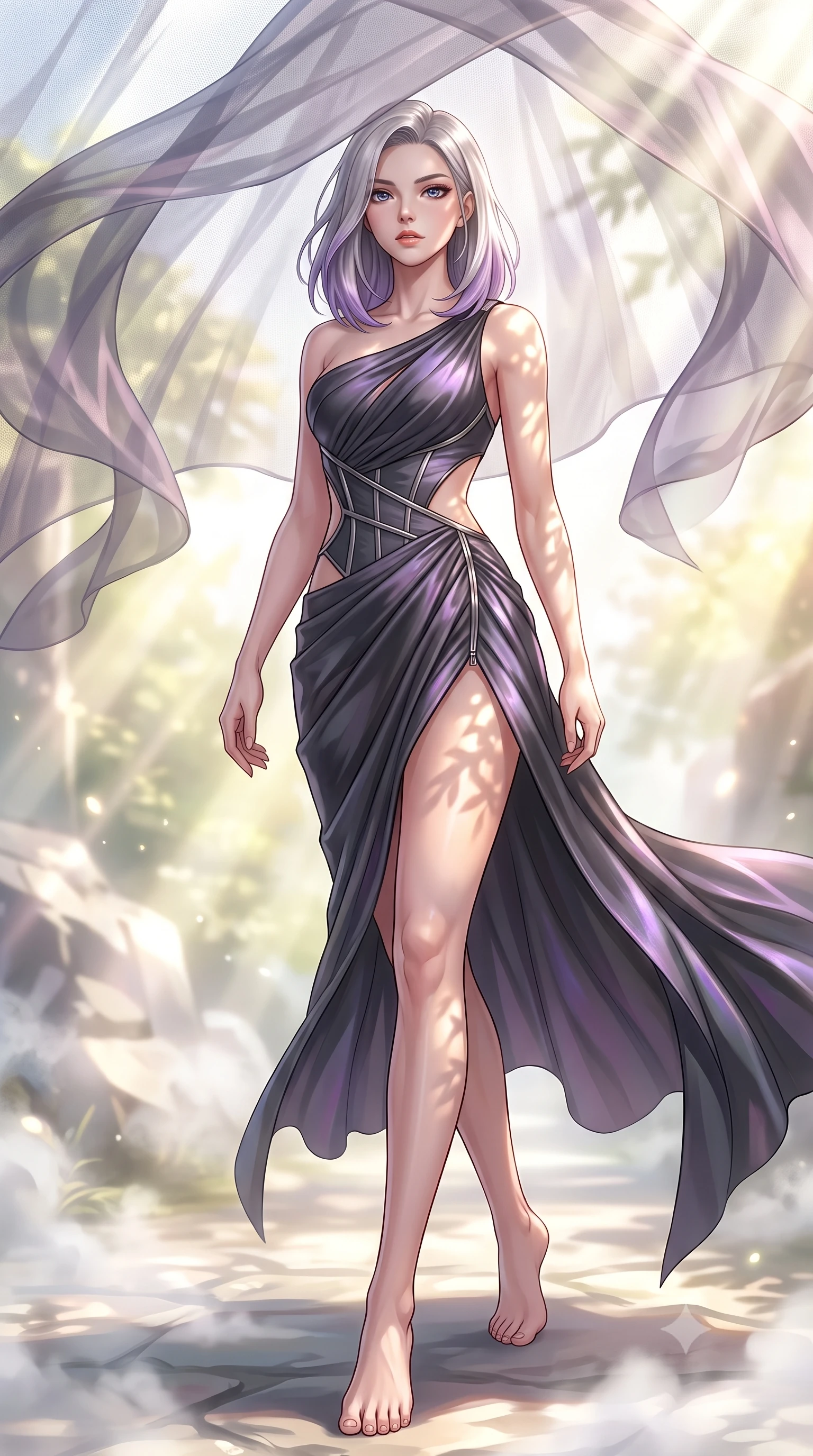 score_9, masterpiece, best quality, ultra-detailed, high-budget anime keyframe, editorial fashion photography, tasteful artistic composition, Caucasian woman. low angle full-body shot from head to toe showing her feet, filling the entire 9:16 vertical frame with her statuesque presence, stretching her vertical silhouette. forging confidently through the floating mist, holding a poised statuesque stance, stepping gracefully under a sheer silk canopy fluttering in a gentle breeze, intense volumetric sunbeams filtering through sheer linen casting soft leaf stencil shadows. She has an absolutely perfect, statuesque 8.5-heads proportion, an exceptionally tall and slender model-like female figure with impossibly long slender legs and an ultra-slim waist. sharp v-shaped jawline, high-bridge nose, intricate jewel-like eyes with depth, thick eyelashes, glossy lips with a natural sheen. wearing draped obsidian silk gown featuring tasteful waist slit cutouts in dark charcoal gray, made of iridescent dark violet taffeta, finished with metallic silver boning and sleek zipper points, following her slender form with tailored precision. surrounded by a radiant sun-drenched ambiance with brilliant white highlights. highly saturated vibrant anime colors, detailed shading with soft gradients, rich glossy textures, high-contrast stereoscopic depth, volumetric dynamic lighting, master piece, 9:16 ratio