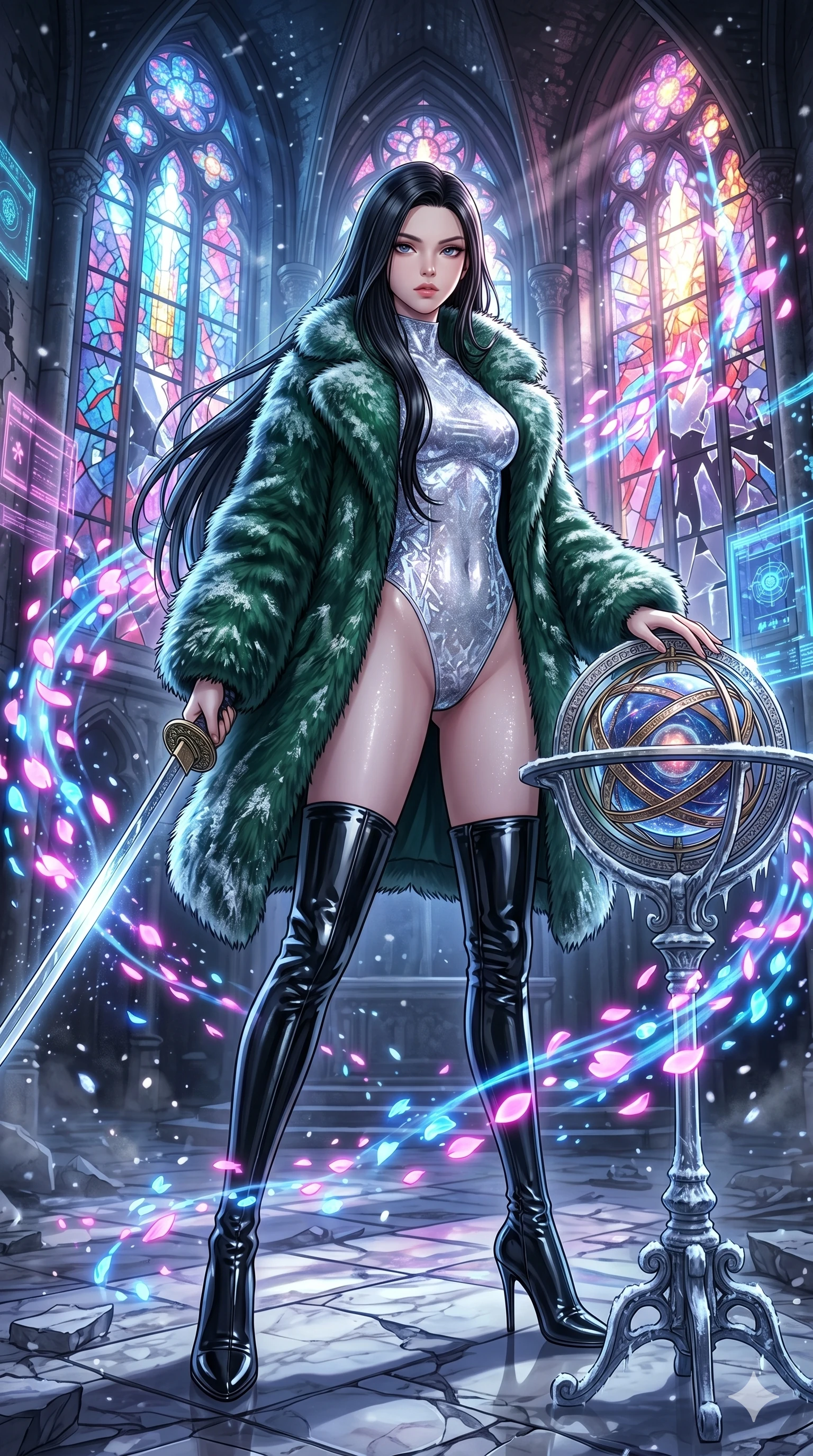 score_9, masterpiece, best quality, ultra-detailed, high-budget anime movie keyframe, cinematic anime lighting, intricate line art, Japanese woman. Low angle cowboy shot filling the entire 9:16 frame with her statuesque presence. defending a sacred relic in a shattered stained glass cathedral with digital sakura petals. She has an absolutely perfect 8-heads proportion, an exceptionally tall and slender female figure with an ultra-slim waist and impossibly long slender legs. sharp v-shaped jawline, high-bridge nose, intricate jewel-like eyes, thick eyelashes, glossy lips. Wearing seasonal winter-couture featuring a plush oversized faux-fur coat worn over a skin-tight crystalline leotard and thigh-high stiletto boots. The scene is illuminated by dramatic atmospheric lighting and vibrant color palettes. , 2k, ultra detail, master piece, 9:16 ratio