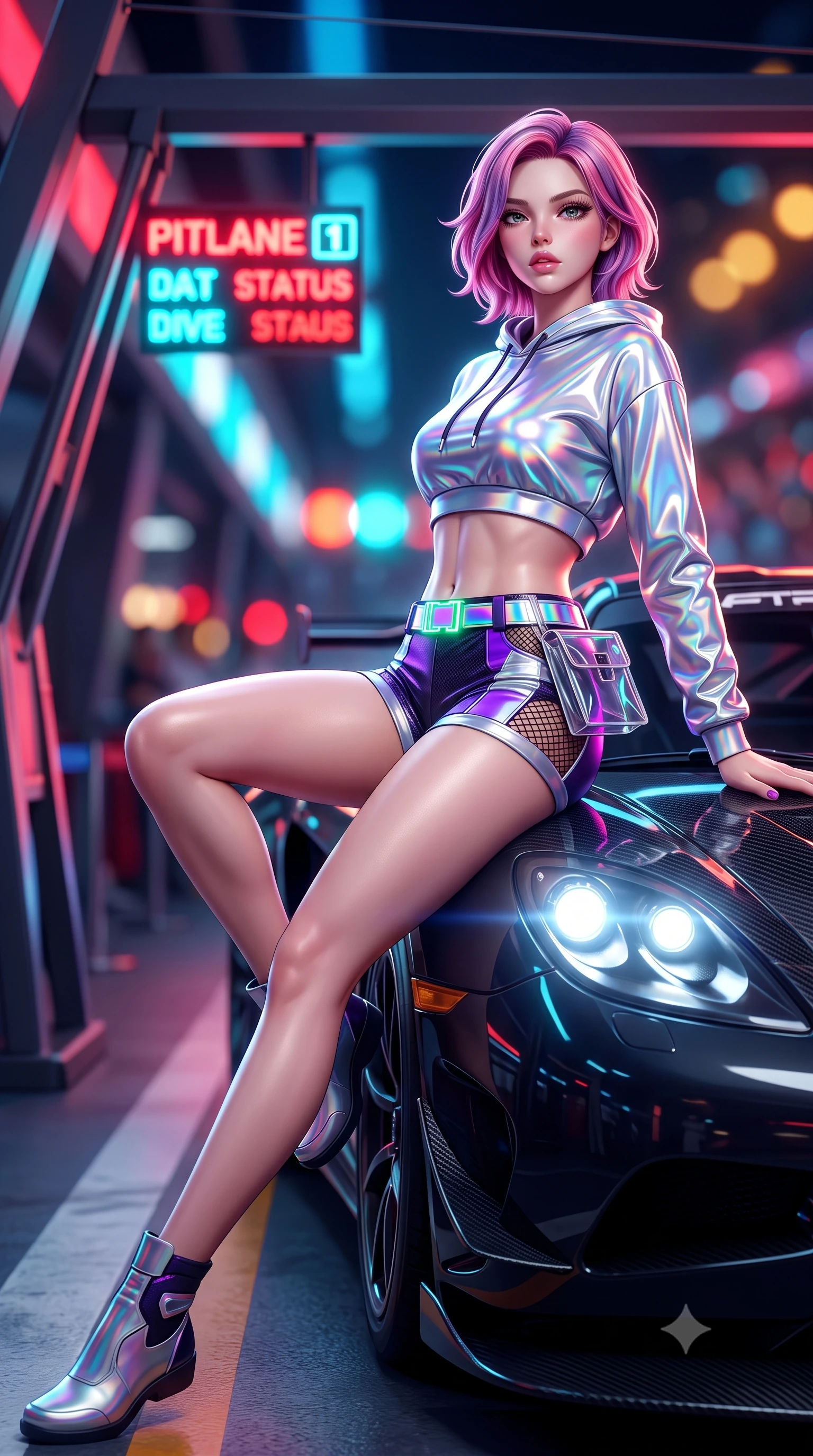 score_9, masterpiece, best quality, ultra-detailed, high-budget anime keyframe, semi-realistic 3D game render, editorial fashion photography, tasteful artistic composition, Caucasian woman. low angle full-body shot from head to toe showing her feet, filling the entire 9:16 vertical frame with her statuesque presence, stretching her vertical silhouette. leaning deep against the structural architecture with hips cocked in an unapologetically bold, seductive high-fashion stance while sitting poised on the glossy carbon-fiber hood of a midnight hypercar, one leg extended and torso angled back with seductive confidence. The composition keeps background elements in soft focus with creamy bokeh. flashing neon pitlane status boards and distant crowd stadium lights blurred into blazing crimson, electric cyan, and amber bokeh. She has an absolutely perfect, statuesque 8.5-heads proportion, an exceptionally tall and slender model-like female figure with impossibly long slender legs, a toned flat midriff, and an ultra-slim waist. sharp v-shaped jawline, high-bridge nose, intricate jewel-like eyes with depth, thick eyelashes, glossy parted lips with a natural sheen, intensely captivating and seductive expression, flawlessly proportioned anatomical accuracy, strict slender model proportions, natural body alignment, perfectly sculpted long slender limbs, ultra-slim waistline, clean dynamic posture without body distortion. wearing a holographic silver crop hoodie paired with high-waisted racing shorts and fishnet accents in toxic ultraviolet purple and chrome silver, formed from ultra-sleek carbon-fiber reinforced composite with specular sheen, complemented by a neon LED belt buckle and translucent vinyl tool pouch, the athletic second-skin cut highlighting her toned flat midriff and slender model proportions during dynamic action. bathed in high-intensity xenon hypercar headlights and neon pitlane floodlights. highly saturated vibrant anime colors, detailed shading with soft gradients, rich glossy textures, high-contrast stereoscopic depth, volumetric dynamic lighting, master piece, 9:16 ratio