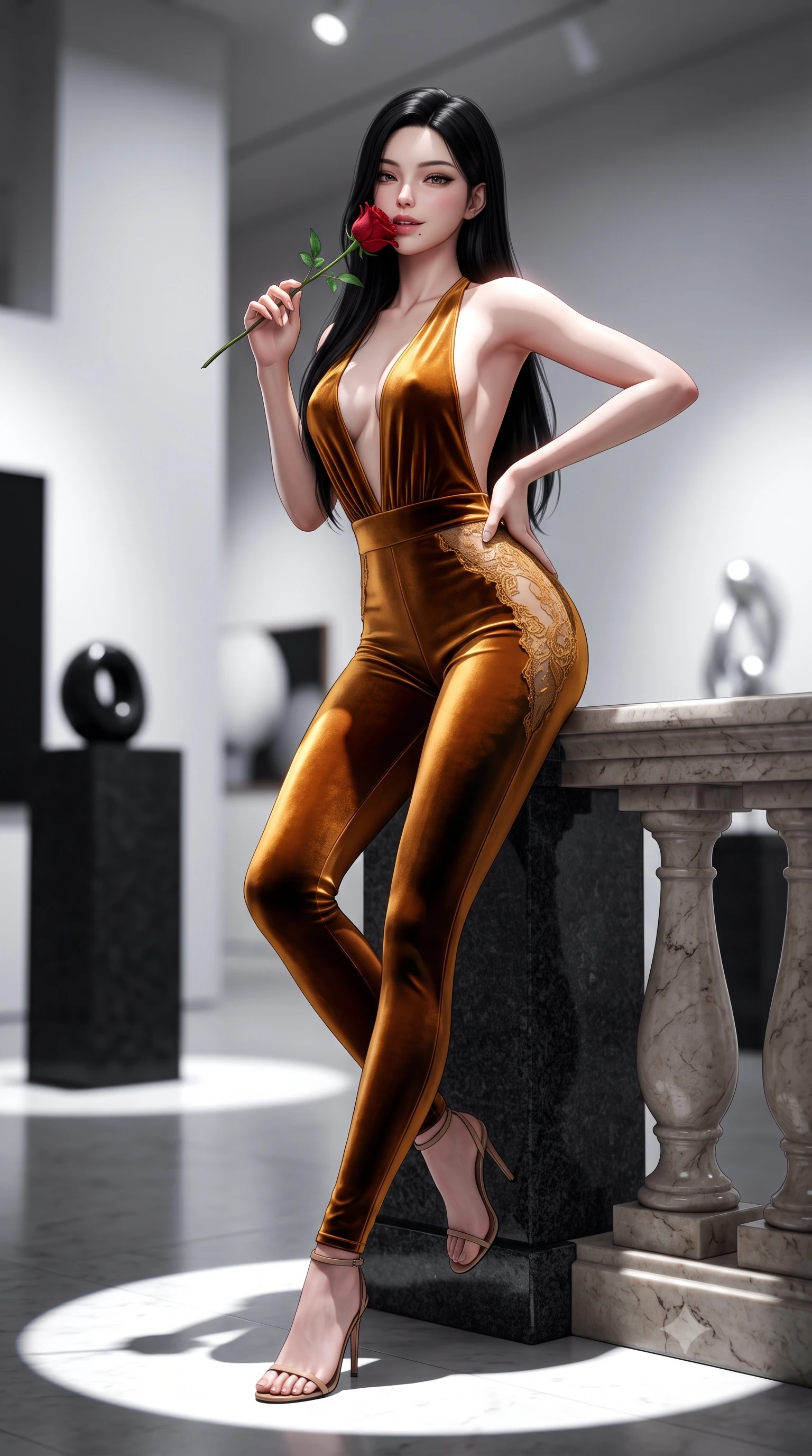 score_9, masterpiece, best quality, ultra-detailed, high-budget anime keyframe, semi-realistic 3D game render, editorial fashion photography, tasteful artistic composition, Korean woman. low angle full-body shot from head to toe showing her feet, filling the entire 9:16 vertical frame with her statuesque presence, stretching her vertical silhouette. leaning deep against the balcony balustrade with hips cocked back in an unapologetically alluring high-fashion stance, casting an intoxicating glance while perched sideways on an empty granite pedestal with legs crossed, one hand resting on her hip with supermodel disdain and allure. The background shows a soft-focus towering white gallery walls, monumental black granite plinths, and distant avant-garde art installations blurred into matte black, optic white, and silver bokeh. She has an absolutely perfect, statuesque 8.5-heads proportion, an exceptionally tall and slender model-like female figure with impossibly long slender legs, an ultra-slim waist, a flat toned midriff, narrow delicate ribcage, and beautifully sculpted feminine hips creating a graceful, slim hourglass silhouette without any bulky heaviness. sharp v-shaped jawline, high-bridge nose, sparkling eyes with hypnotic seductive depth, thick curled eyelashes, glossy parted lips with a natural dewy peach sheen, alluring bedroom-eyes with an enchanting coquettish smile, exuding magnetic siren charisma and sophisticated glamour, flawlessly proportioned anatomical accuracy, strict slender model proportions, natural body alignment, perfectly sculpted long slender limbs, ultra-slim waistline, clean dynamic posture without body distortion. wearing a backless plunge-front second-skin velvet jumpsuit with fluid tapered legs and sheer lace hip inserts in warm amber honey and antique gold leaf with dark shadow gradients, crafted from fluid liquid silk satin that clings smoothly to every curve with a dewy sheen, accented with a single fresh-cut long-stemmed crimson rose held delicately near her parted lips, the high-slit wrap tailoring accentuating her ultra-slim waistline and the enchanting curve of her feminine hips with alluring seductive charm. bathed in dramatic spotlighting casting crisp geometric pooling circles of white light on the floor. highly saturated vibrant anime colors, detailed shading with soft gradients, rich glossy textures, high-contrast stereoscopic depth, volumetric dynamic lighting, master piece, 9:16 ratio