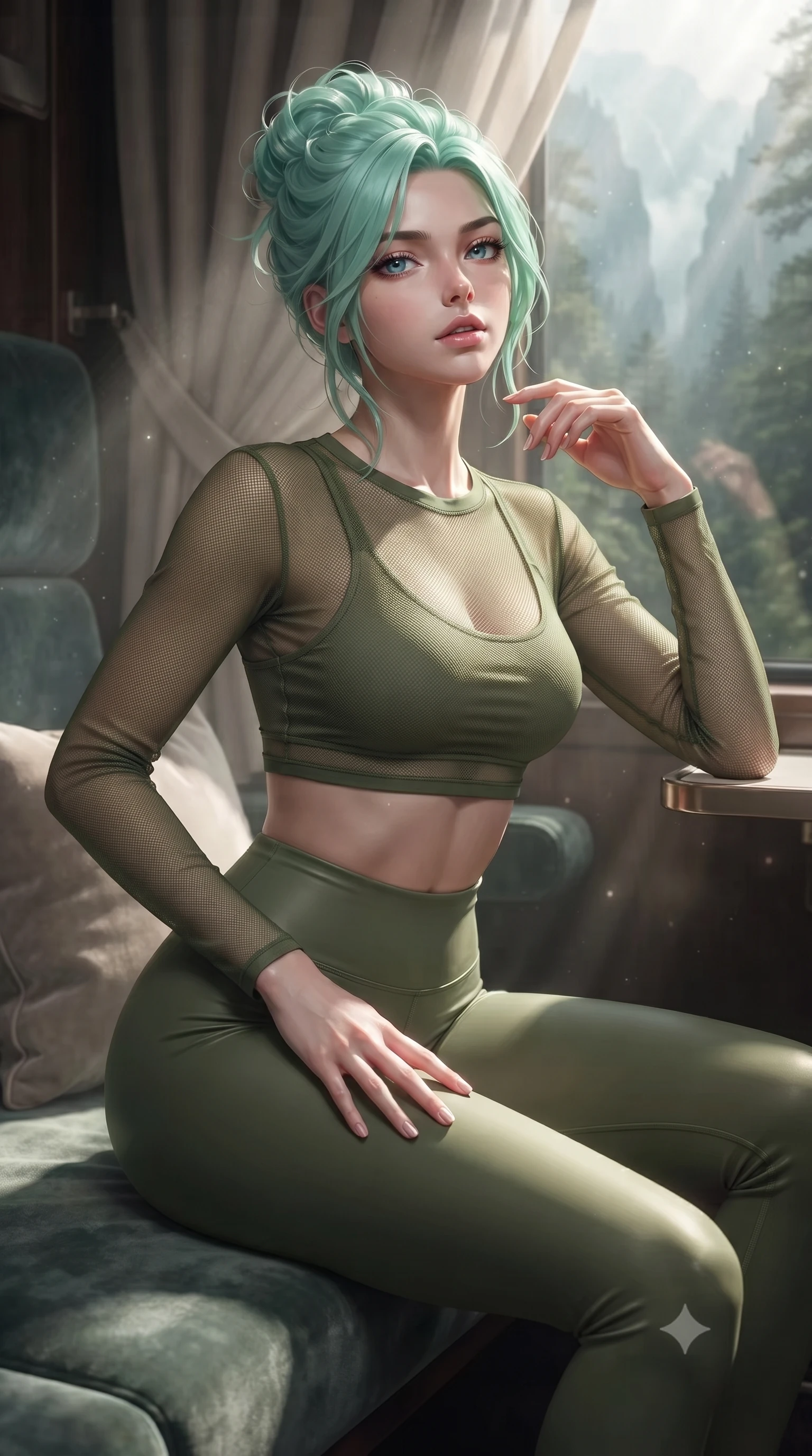 score_9, masterpiece, best quality, ultra-detailed, high-budget anime keyframe, editorial fashion photography, tasteful artistic composition, Japanese woman. close-up cowboy shot from the waist and thighs up, the character dominates the composition, filling the frame with her large presence, background elements kept in soft focus. tilting her chin up slightly with lips parted in a composed, provocative expression the background shows a soft-focus a luxury sleeper berth with soft linen drapes and a view of misty forest canyons. She has an exceptionally elegant, slender, and willowy female figure with an ultra-slim waist, a gracefully sculpted slender torso, and a refined silhouette. sharp v-shaped jawline, high-bridge nose, intricate jewel-like eyes with depth, thick eyelashes, glossy lips with a natural sheen. wearing a tailored sheer mesh long-sleeve crop top in olive green, worn over a matching sports bra and leggings. dappled sunlight filtering through the window as the train passes trees. ultra-reflective glossy finish, specular highlights, metallic sheen, high-contrast stereoscopic depth, volumetric dynamic lighting, 2k, ultra detail, master piece, 9:16 ratio