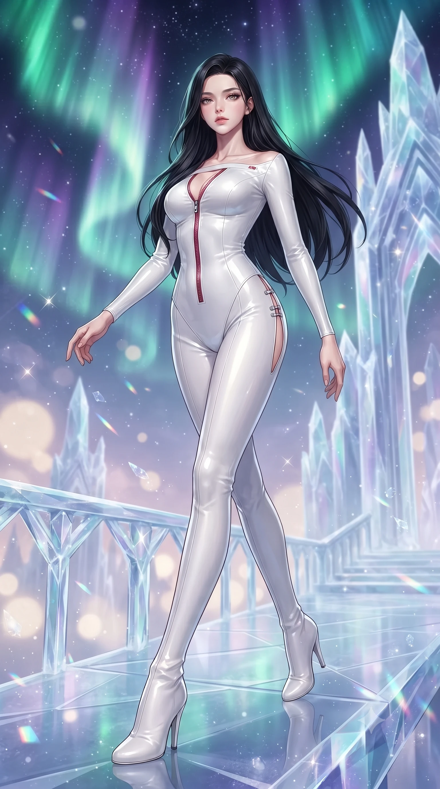 score_9, masterpiece, best quality, ultra-detailed, high-budget anime keyframe, editorial fashion photography, tasteful artistic composition, Korean woman. low angle full-body shot from head to toe showing her feet, filling the entire 9:16 vertical frame with her statuesque presence, stretching her vertical silhouette. striding forward in a proud, statuesque motion with a dangerous smolder, her vertical silhouette dominating the frame from head to toe while striding gracefully along a translucent glacial bridge suspended beneath a swirling emerald aurora in a soaring crystal palace. The composition keeps background elements in soft focus with creamy bokeh. glistening diamond dust motes scattering crystalline light across a dreamy, starlit backdrop. She has an absolutely perfect, statuesque 8.5-heads proportion, an exceptionally tall and slender model-like female figure with impossibly long slender legs, a toned flat midriff, and an ultra-slim waist. sharp v-shaped jawline, high-bridge nose, intricate jewel-like eyes with depth, thick eyelashes, glossy lips with a natural sheen, flawlessly proportioned anatomical accuracy, strict slender model proportions, natural body alignment, perfectly sculpted long slender limbs, ultra-slim waistline, clean dynamic posture without body distortion. wearing a glossy white second-skin latex bodysuit with high-thigh cuts, exposed clavicle neckline, and gleaming zipper details in radiant crimson silk and crisp snow white, formed from high-gloss patent material with specular light reflections, finished with an ultra-high side slit secured by miniature magnetic clasps, the liquid-tight tailored fabric emphasizing every curve of her tall, slender model proportions and sculptured silhouette during dynamic movement. bathed in glowing emerald and violet aurora borealis radiance and sparkling diamond-dust refractions. ultra-reflective glossy finish, specular highlights, metallic sheen, high-contrast stereoscopic depth, volumetric dynamic lighting, 2k, ultra detail, master piece, 9:16 ratio