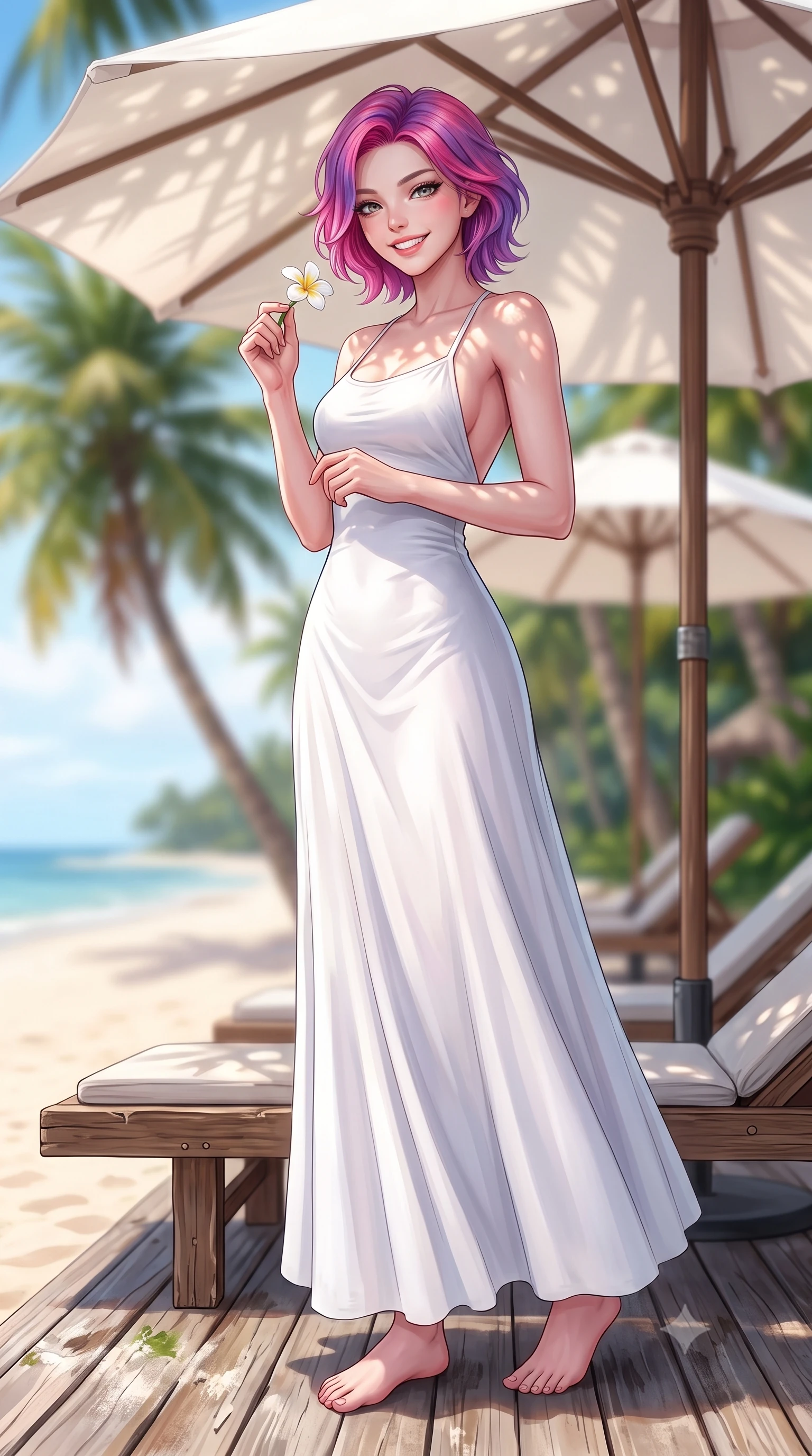 score_9, masterpiece, best quality, ultra-detailed, high-budget anime keyframe, editorial fashion photography, tasteful artistic composition, Caucasian woman. low angle full-body shot from head to toe showing her feet, filling the entire 9:16 vertical frame with her statuesque presence, stretching her vertical silhouette. standing with a cute, bright pose, tilting her head with a beaming smile set against a soft-focus background of on a wooden sunbed deck built directly on the sandy beach under palms holding a small white flower from a beach vine with a lovely smile. She has an absolutely perfect, statuesque 8.5-heads proportion, an exceptionally tall and slender model-like female figure with impossibly long slender legs and an ultra-slim waist. sharp v-shaped jawline, high-bridge nose, intricate jewel-like eyes with depth, thick eyelashes, glossy lips with a natural sheen. wearing body-hugging backless cotton sundress in white, featuring delicate straps and a long flowing skirt. dappled sunlight filtering through a beach umbrella onto her shoulders. highly saturated vibrant anime colors, detailed shading with soft gradients, rich glossy textures, high-contrast stereoscopic depth, volumetric dynamic lighting, master piece, 9:16 ratio