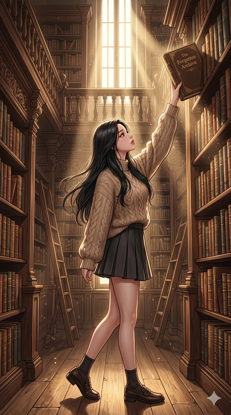 score_9, score_8_up, score_7_up, source_anime, masterpiece, best quality, ultra-detailed, same character with long flowing black hair, wearing a cozy oversized beige knit sweater and dark pleated skirt, full body shot walking down the aisle of a grand old library, reaching for a book on a high shelf, dust motes dancing in sunbeams, 2k, 9:16 ratio