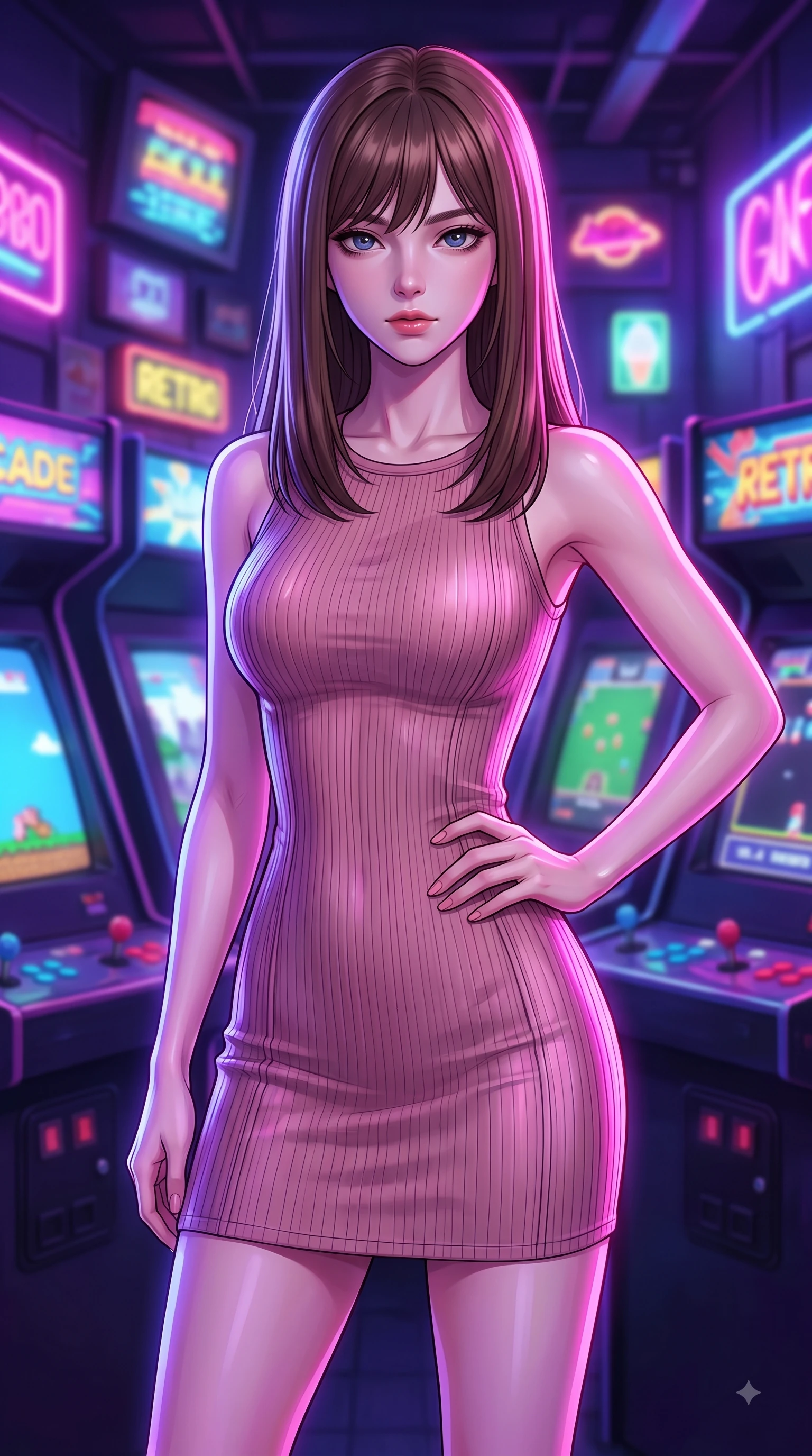 score_9, masterpiece, best quality, ultra-detailed, high-budget anime keyframe, editorial fashion photography, tasteful artistic composition, Korean woman woman. close-up cowboy shot from the waist and thighs up, the character dominates the composition, filling the frame with her large presence, background elements kept in soft focus. She has an exceptionally elegant, slender, and willowy female figure with an ultra-slim waist, a gracefully sculpted slender torso, and a refined silhouette. holding a confident power pose with one hand on her hip, looking directly into the camera with quiet self-assurance, flawlessly proportioned anatomical accuracy, natural body alignment, perfectly sculpted elegant limbs, clean dynamic posture without body distortion. set against a soft-focus background of a retro cyber arcade filled with glowing CRT screens and neon signs. wearing a sculpted dusty rose ribbed knit bodycon dress with form-contouring side seams. bathed in strobing violet and electric pink neon lights refracting on her outfit. highly saturated vibrant anime colors, detailed shading with soft gradients, rich glossy textures, high-contrast stereoscopic depth, volumetric dynamic lighting, master piece, 9:16 ratio