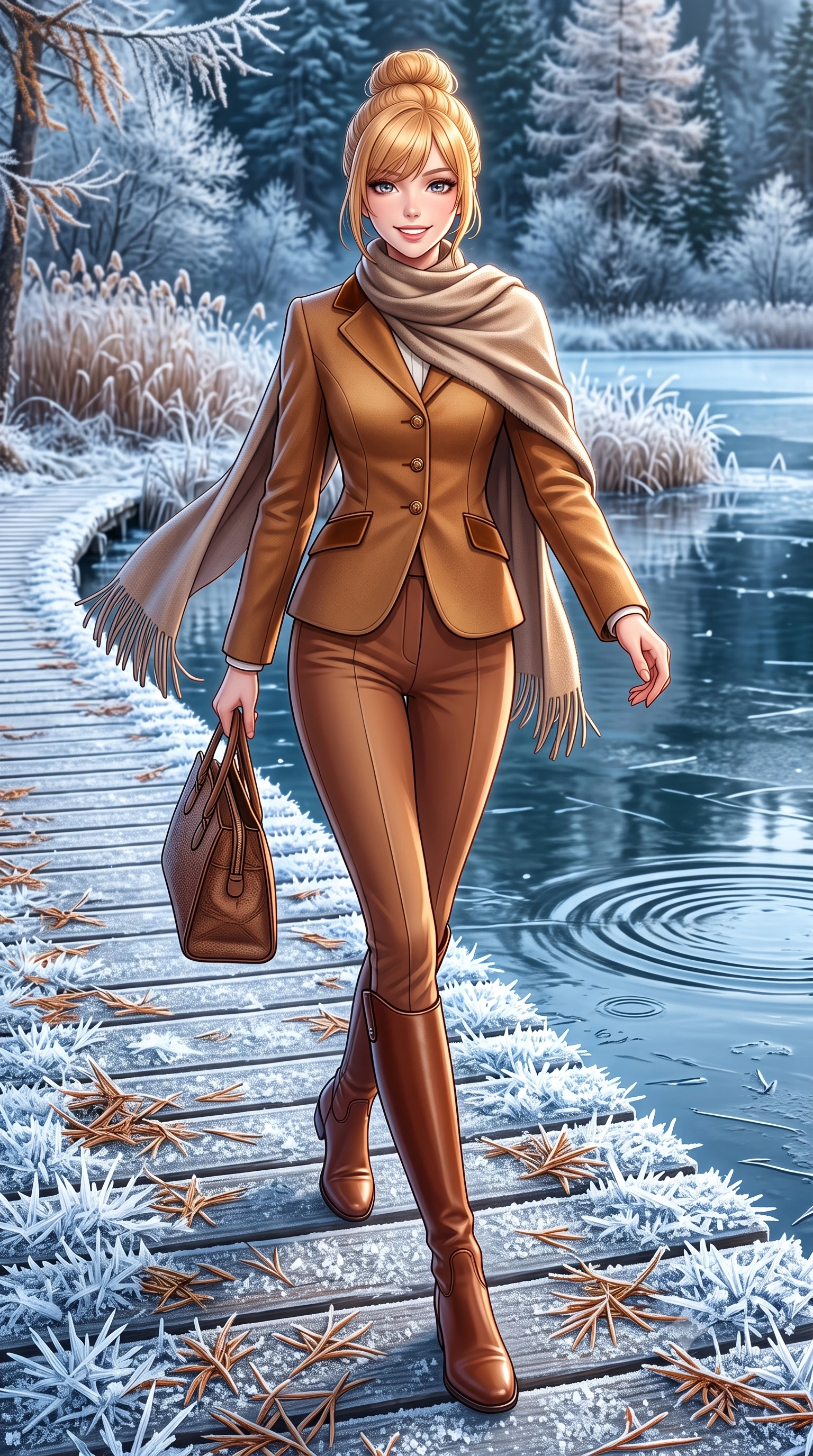 score_9, masterpiece, best quality, ultra-detailed, high-budget anime keyframe, semi-realistic 3D game render, editorial fashion photography, tasteful artistic composition, Caucasian woman. low angle full-body shot from head to toe showing her feet, filling the entire 9:16 vertical frame with her statuesque presence, stretching her vertical silhouette. walking briskly with tall supermodel strides, one hand holding her leather bag and the other swinging with energetic charm while stepping forward with brisk, graceful strides on the frosted path, her long wool coat creating an impeccably slender vertical line. The surrounding environment is rendered in vivid detail and crisp panoramic clarity: sharp ice crystal needles on wooden boardwalk planks, fallen larch needles, and ripples on glassy water in deep focus. She has an exceptionally tall and slender model-like 8.5-heads proportion, an ultra-slim waist, a flat toned midriff, narrow delicate ribcage, and beautifully sculpted feminine hips creating a graceful, slim hourglass silhouette without any bulky heaviness, with impossibly long slender legs. sharp v-shaped jawline, high-bridge nose, intricate jewel-like sparkling eyes with depth, thick eyelashes, glossy parted lips with a natural peach sheen, bright cheerful beaming smile with an enchanting and coquettish sensual glint, exuding both youthful cute charm and seductive allure, flawlessly proportioned anatomical accuracy, strict slender model proportions, natural body alignment, perfectly sculpted long slender limbs, ultra-slim waistline, clean dynamic posture without body distortion. wearing a tailored velvet collar wool equestrian blazer paired with slim-cut riding trousers and knee-high leather boots in warm winter cinnamon and toasted caramel, woven from fine Australian merino wool with a smooth fluid drape and subtle sheen, accented with a wide brushed cashmere fringe scarf draped elegantly over one shoulder, the precision-cut high-waisted tailoring accentuating her ultra-slim waist and long slender leg line with immaculate aristocratic poise. illuminated by frosted ground bounce and sharp crystalline rim lights defining her features, narrow waist, and statuesque height. highly saturated vibrant anime colors, detailed shading with soft gradients, rich glossy textures, high-contrast stereoscopic depth, volumetric dynamic lighting, master piece, 9:16 ratio