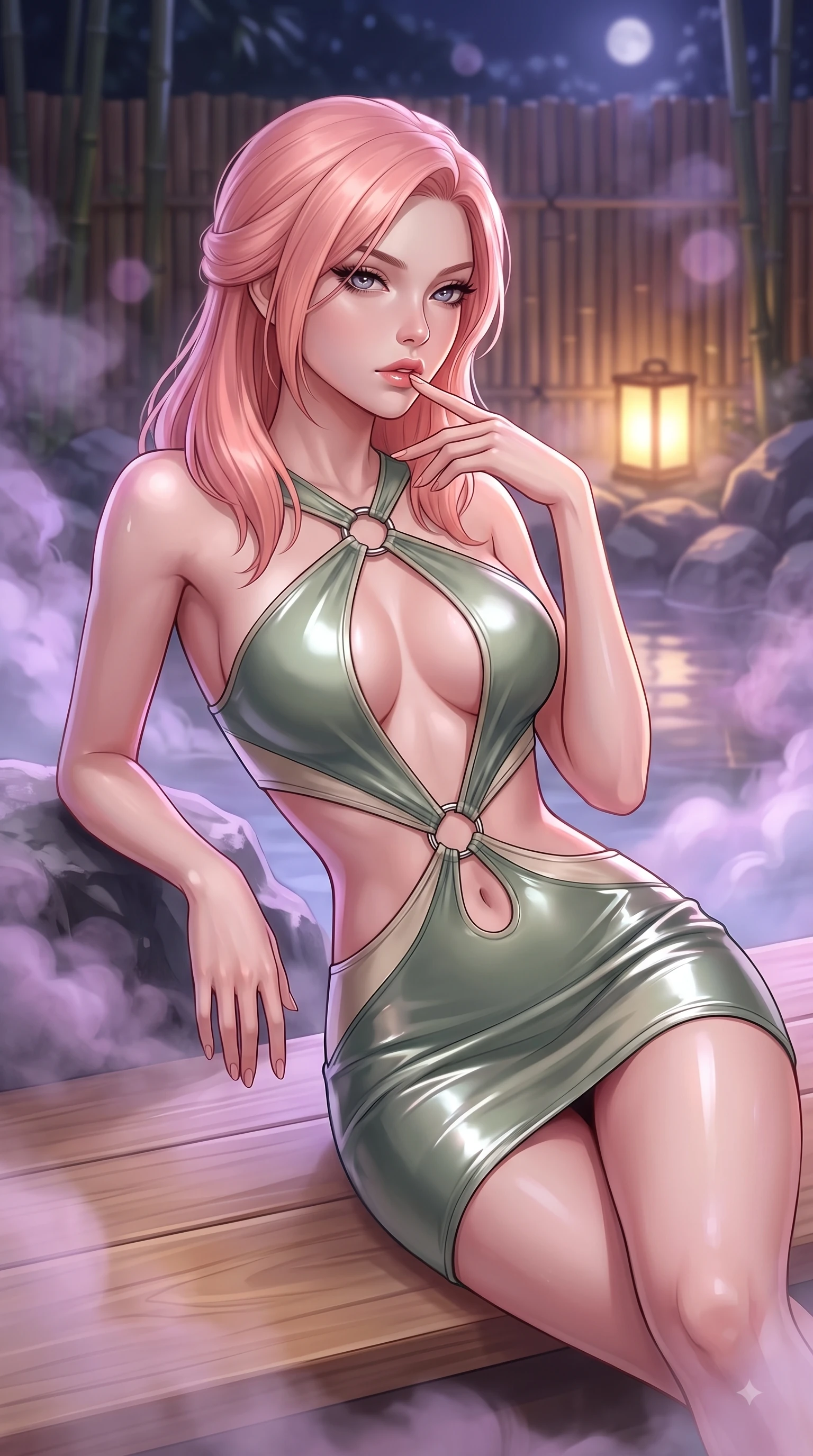 score_9, masterpiece, best quality, ultra-detailed, high-budget anime keyframe, editorial fashion photography, tasteful artistic composition, Japanese woman. close-up cowboy shot from the waist and thighs up, the character dominates the composition, filling the frame with her large presence, background elements kept in soft focus. Resting two fingers near her glossy lips, casting a sharp mysterious side-gaze during her dynamic motion while lounging on a smooth hinoki wood platform in a moonlit hot spring surrounded by bamboo screens, swirling thermal steam clouds scattering soft violet and magenta mineral light in mid-air. She has an exceptionally elegant, slender, and willowy female figure with an ultra-slim waist, a gracefully sculpted slender torso, and a refined silhouette. sharp v-shaped jawline, high-bridge nose, intricate jewel-like eyes with depth, thick eyelashes, glossy lips with a natural sheen, flawlessly proportioned anatomical accuracy, natural body alignment, perfectly sculpted elegant limbs, clean dynamic posture without body distortion. wearing a dramatic open-waist cutout mini dress framed by sculptural hardware in sage green and oatmeal, formed from sleek second-skin neoprene, accented with delicate chrome ring hardware framing her waist, the elegant draped fit framing her graceful clavicle and slender torso. bathed in soft warm lantern light filtered through gentle thermal steam. ultra-reflective glossy finish, specular highlights, metallic sheen, high-contrast stereoscopic depth, volumetric dynamic lighting, 2k, ultra detail, master piece, 9:16 ratio
