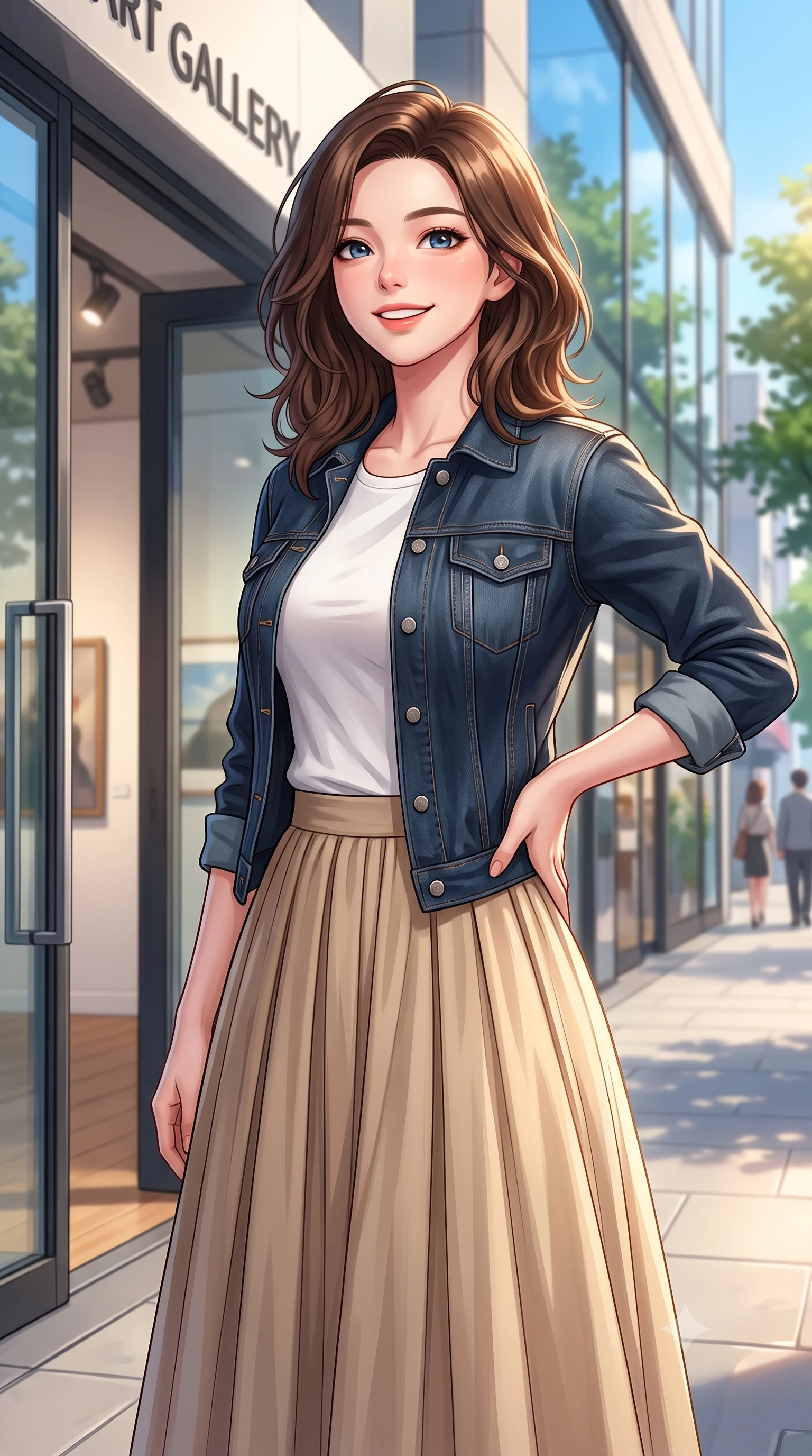 score_9, masterpiece, best quality, ultra-detailed, high-budget anime keyframe, editorial fashion photography, tasteful artistic composition, Korean woman. close-up cowboy shot from the waist and thighs up, the character dominates the composition, filling the frame with her large presence, background elements kept in soft focus. gazing past the camera with a happy, bright expression and a warm smile set against a soft-focus background of near a modern art gallery entrance on a fashionable city street with modern glass shop fronts reflecting the blue sky and trees. She has an exceptionally elegant, slender, and willowy female figure with an ultra-slim waist, a gracefully sculpted slender torso, and a refined silhouette. sharp v-shaped jawline, high-bridge nose, intricate jewel-like eyes with depth, thick eyelashes, glossy lips with a natural sheen. wearing body-hugging casual denim jacket worn over a simple white tee and a long cotton skirt. soft morning sun rays painting the street in a fresh, energetic gold tone. highly saturated vibrant anime colors, detailed shading with soft gradients, rich glossy textures, high-contrast stereoscopic depth, volumetric dynamic lighting, master piece, 9:16 ratio