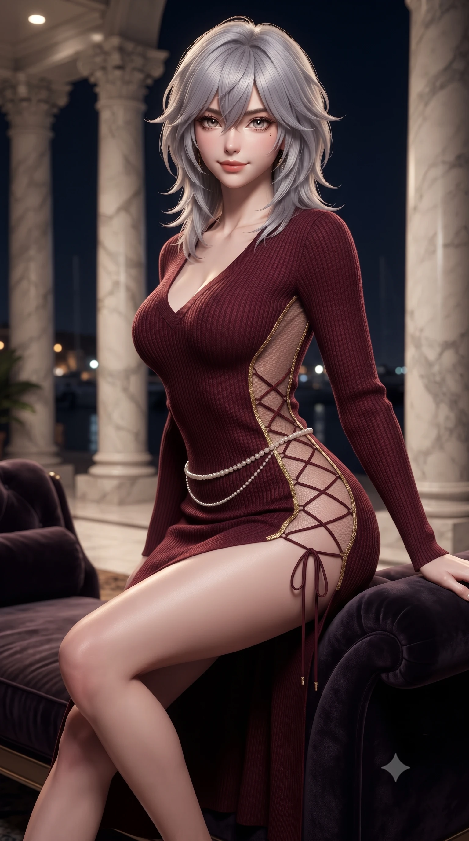 score_9, masterpiece, best quality, ultra-detailed, high-budget anime keyframe, editorial fashion photography, tasteful artistic composition, Japanese woman. close-up cowboy shot from the waist and thighs up, the character dominates the composition, filling the frame with her large presence. perched sideways on the lounge seat, one knee drawn up to showcase her slender leg line while her arched back accentuates her feminine hip curve while walking slowly between the towering Carrara marble columns, arching her lower back to emphasize her curvy hips as night breezes drift from the harbor. The surrounding environment is rendered in vivid detail and crisp panoramic clarity: detailed sheer illusion lace bodysuit cling, pearl waist chain shine, and classical architectural craftsmanship in high resolution. She has an exceptionally elegant, slender, and willowy female figure with an ultra-slim waist, flat toned midriff, narrow ribcage, and sculpted feminine hips creating an alluring, slim hourglass silhouette without bulk. sharp v-shaped jawline, high-bridge nose, sparkling eyes with hypnotic seductive depth, thick curled eyelashes, glossy parted lips with a natural dewy peach sheen, alluring bedroom-eyes with an enchanting coquettish smile, exuding magnetic siren charisma and sophisticated glamour, flawlessly proportioned anatomical accuracy, strict slender model proportions, natural body alignment, perfectly sculpted long slender limbs, ultra-slim waistline, clean dynamic posture without body distortion. wearing a plunging V-neck fine rib-knit sweater dress with daring side-lace openings tracing her hip curve in Belle Époque bordeaux and gilded 24k gold, made of semi-opaque stretch illusion mesh with soft shadowy contours, featuring fine criss-cross lace-up side ties revealing tantalizing glimpses of her hip curve, the high-slit wrap tailoring accentuating her ultra-slim waistline and the enchanting curve of her feminine hips with alluring seductive charm. bathed in soft warm 3000K recessed architectural column downlights mixed with cool harbor ambient fill. ultra-reflective glossy finish, specular highlights, rich textural contrasts, high-contrast stereoscopic depth, volumetric dynamic lighting, 2k, ultra detail, master piece, 9:16 ratio