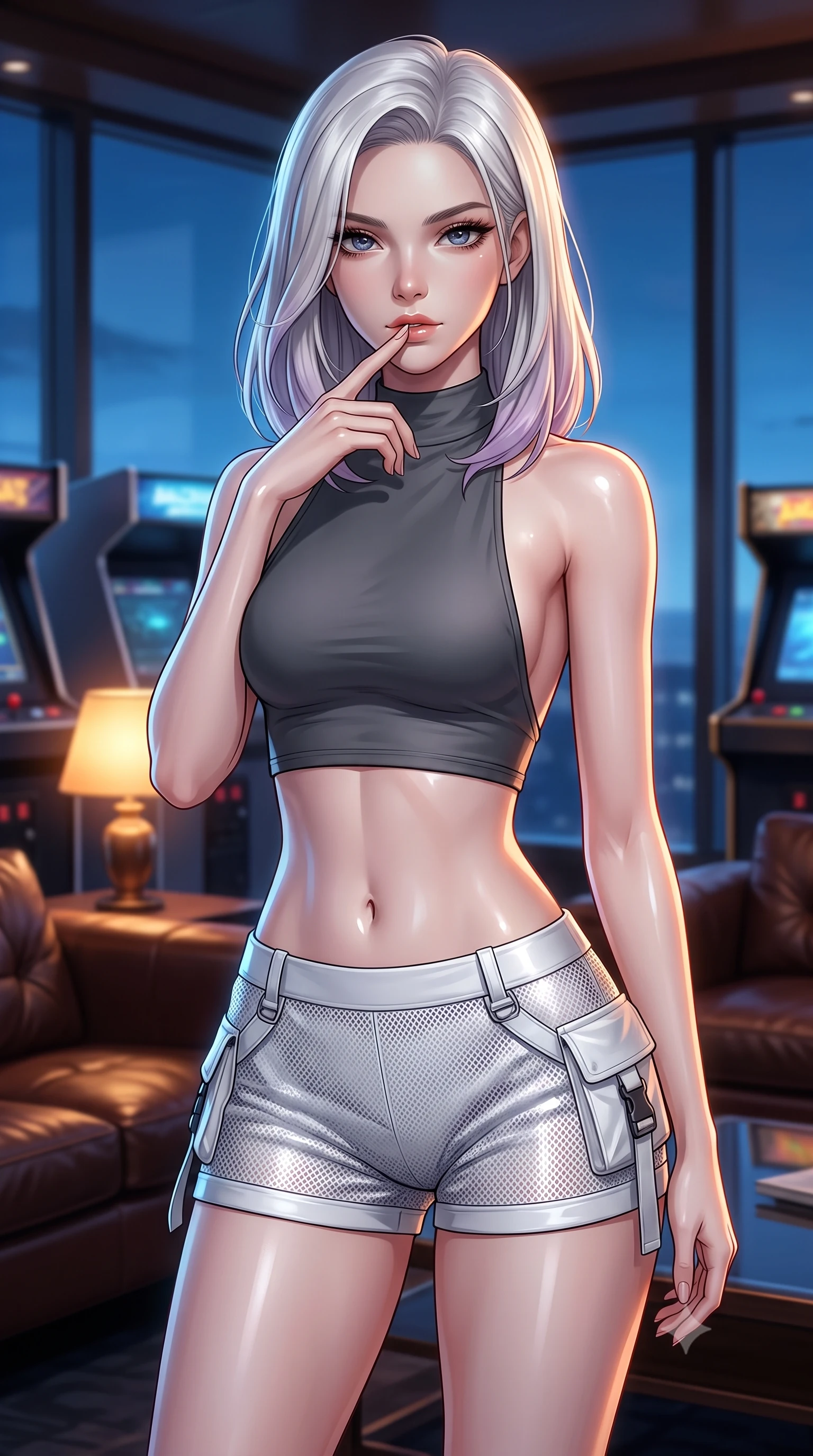 score_9, masterpiece, best quality, ultra-detailed, high-budget anime keyframe, editorial fashion photography, tasteful artistic composition, Caucasian woman. close-up cowboy shot from the waist and thighs up, the character dominates the composition, filling the frame with her large presence, background elements kept in soft focus. pressing one finger to her bottom lip in a thoughtful, composed gesture, locking eyes with the viewer, the background shows a soft-focus a private arcade suite with leather sofas and large panoramic windows. She has an exceptionally elegant, slender, and willowy female figure with an ultra-slim waist, a gracefully sculpted slender torso, and a refined silhouette. sharp v-shaped jawline, high-bridge nose, intricate jewel-like eyes with depth, thick eyelashes, glossy lips with a natural sheen. wearing a form-contouring backless combat halter top in charcoal grey, paired with white carbon-mesh micro-shorts. cool twilight sky glow contrasting with the warm amber glow of a table lamp. ultra-reflective glossy finish, specular highlights, metallic sheen, high-contrast stereoscopic depth, volumetric dynamic lighting, 2k, ultra detail, master piece, 9:16 ratio
