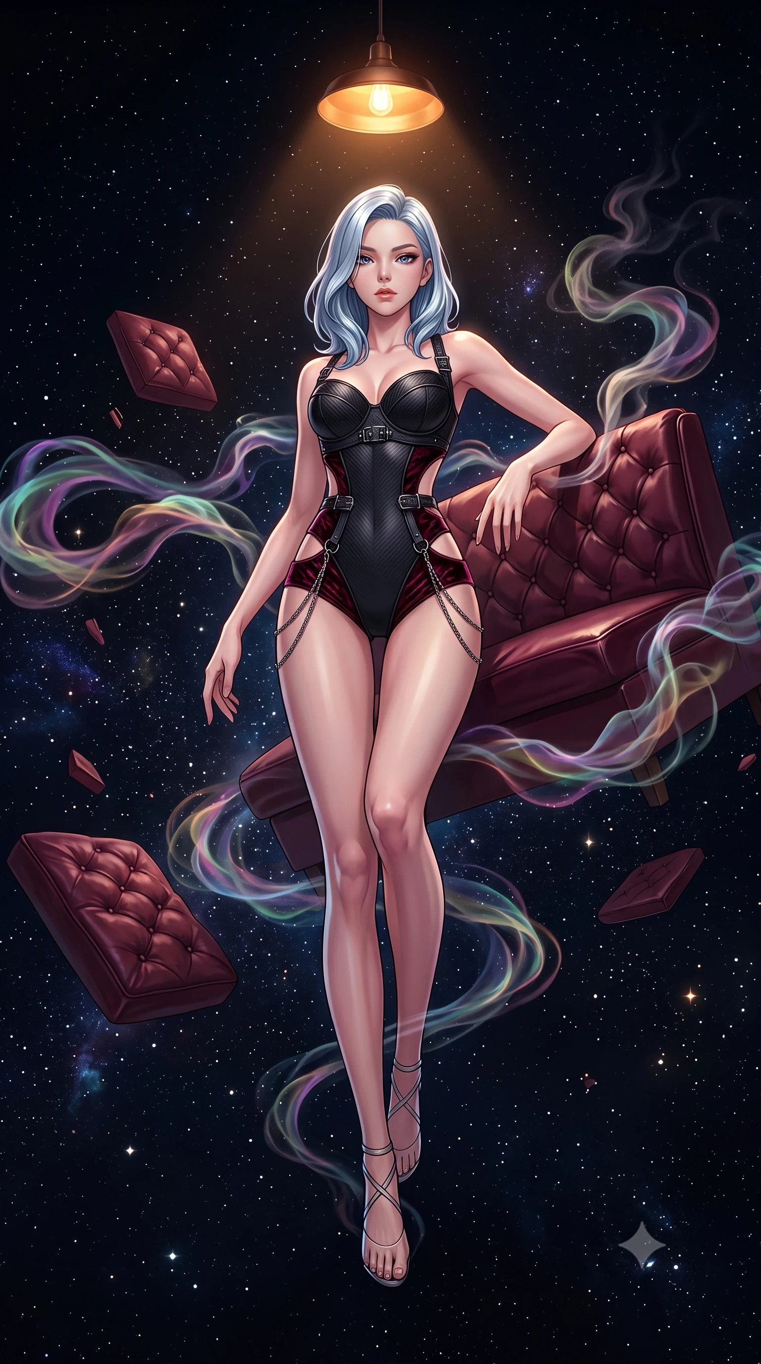 score_9, masterpiece, best quality, ultra-detailed, high-budget anime keyframe, editorial fashion photography, tasteful artistic composition, Korean woman. low angle full-body shot from head to toe showing her feet, filling the entire 9:16 vertical frame with her statuesque presence, stretching her vertical silhouette. leaping dynamically through the starry space, her posture full of power and elegance, resting against a tufted leather booth cushion surrounded by swirling aromatic smoke, composed air of effortless superiority in her direct, calm gaze. She has an absolutely perfect, statuesque 8.5-heads proportion, an exceptionally tall and slender model-like female figure with impossibly long slender legs and an ultra-slim waist. sharp v-shaped jawline, high-bridge nose, intricate jewel-like eyes with depth, thick eyelashes, glossy lips with a natural sheen. wearing sculpted structured cup bodysuit in matte black carbon-fiber with hip cutouts in deep crimson burgundy, made of crushed dark silk velvet, framed by dark titanium buckles and silver chain details, accentuating her gracefully sculpted slender torso. illuminated by a single warm amber pendant light directly above into pitch darkness. highly saturated vibrant anime colors, detailed shading with soft gradients, rich glossy textures, high-contrast stereoscopic depth, volumetric dynamic lighting, master piece, 9:16 ratio