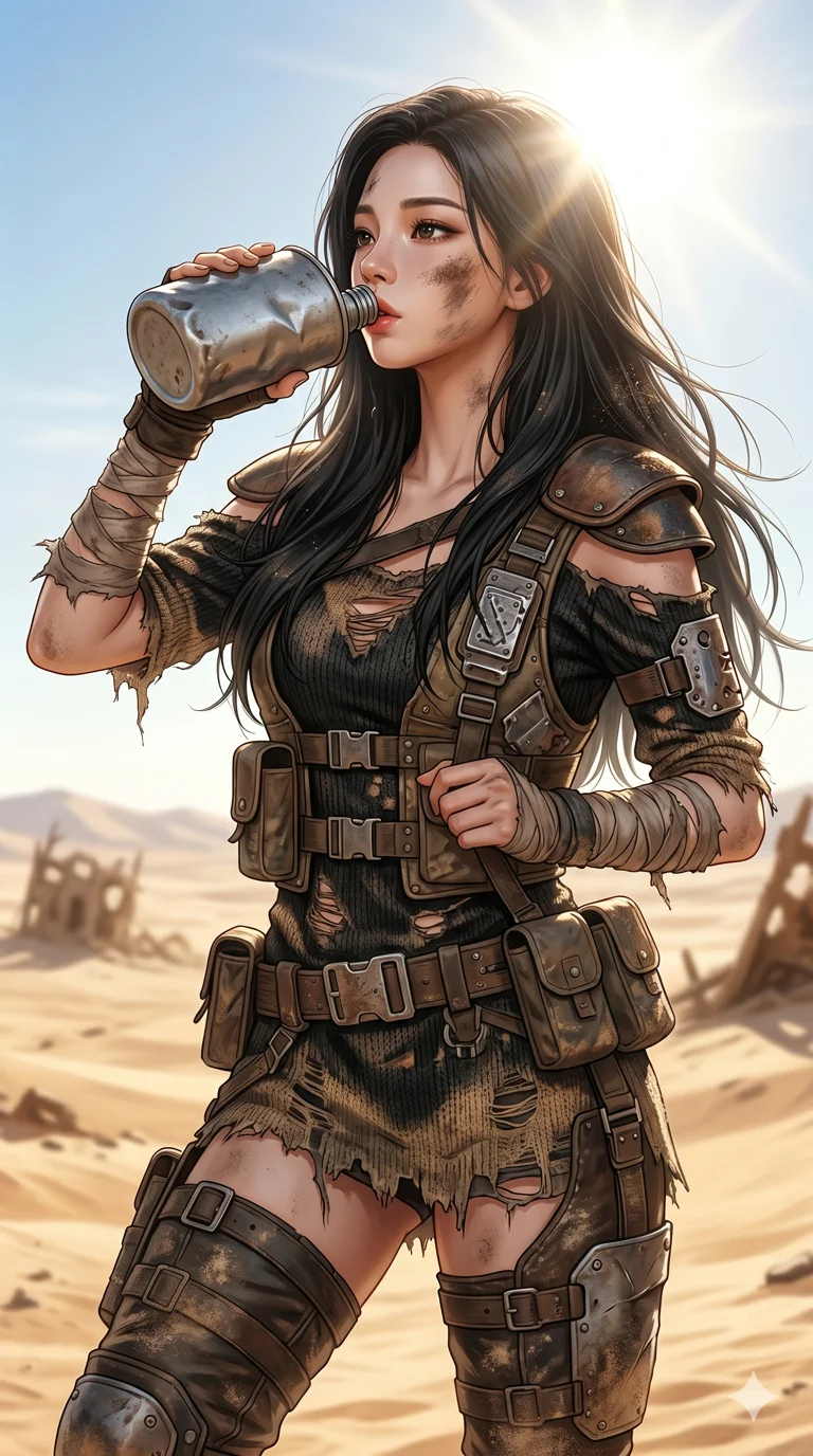 score_9, score_8_up, score_7_up, source_anime, masterpiece, best quality, ultra-detailed, same character with long flowing black hair, wearing rugged post-apocalyptic scavenger gear, upper body close-up from thigh up filling the screen, drinking water from a metal canteen, dirt smudged on her cheek, glaring sun, desert wasteland background, 2k, 9:16 ratio
