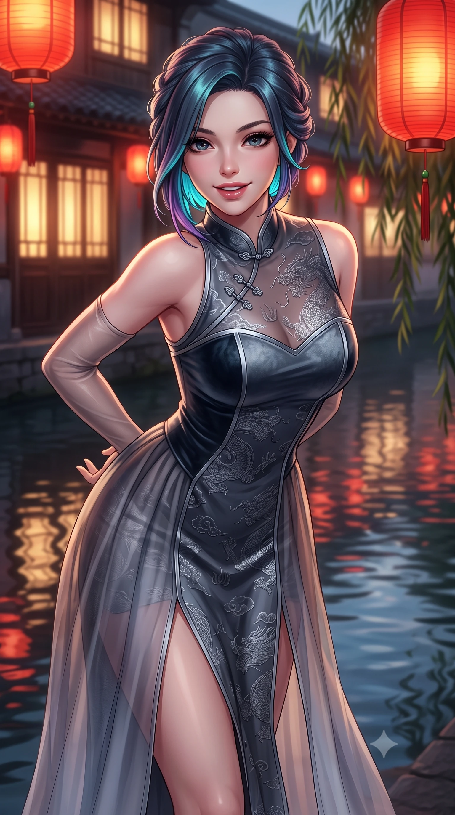 score_9, masterpiece, best quality, ultra-detailed, high-budget anime keyframe, semi-realistic 3D game render, editorial fashion photography, tasteful artistic composition, Caucasian woman. close-up cowboy shot from the waist and thighs up, the character dominates the composition, filling the frame with her large presence. resting both hands lightly behind her back while leaning toward the lens with a cheerful, teasing grin, her form-fitting fusion dress hugging her narrow waist and hip curve while holding an illuminated paper wagasa umbrella with one hand while turning gracefully, her long slender legs and curves accentuated by lantern reflections. The background shows a soft-focus rippling canal waters reflecting glowing windows and swaying willow branches softened in romantic Gion shallow focus. She has an exceptionally elegant, slender, and willowy female figure with an ultra-slim waist, flat toned midriff, narrow ribcage, and sculpted feminine hips creating an alluring, slim hourglass silhouette without bulk. sharp v-shaped jawline, high-bridge nose, intricate jewel-like dark sparkling almond eyes with depth, thick lashes, glossy parted lips with a natural rose-plum sheen, bright alluring and coquettish smile with bedroom-eyes, exuding both timeless oriental elegance and sovereign high-fashion allure, flawlessly proportioned anatomical accuracy, strict slender model proportions, natural body alignment, perfectly sculpted long slender limbs, ultra-slim waistline, clean dynamic posture without body distortion. wearing a modern fusion hanbok dress with a structured velvet bodice and cascading sheer ombre organza skirt with front slit in misty ink-wash slate grey and liquid silver, made of rich jacquard silk with intricate embossed dragon and cloud motifs, complemented by delicate sheer silk fingerless gloves reaching past her elbows, the glove-like silhouette tightly following the natural contour of her hips and long slender legs with youthful 8.5-heads elegance. bathed in the warm nostalgic glow of red paper street lanterns and teahouse window spill. highly saturated vibrant anime colors, detailed shading with soft gradients, rich glossy textures, high-contrast stereoscopic depth, volumetric dynamic lighting, master piece, 9:16 ratio