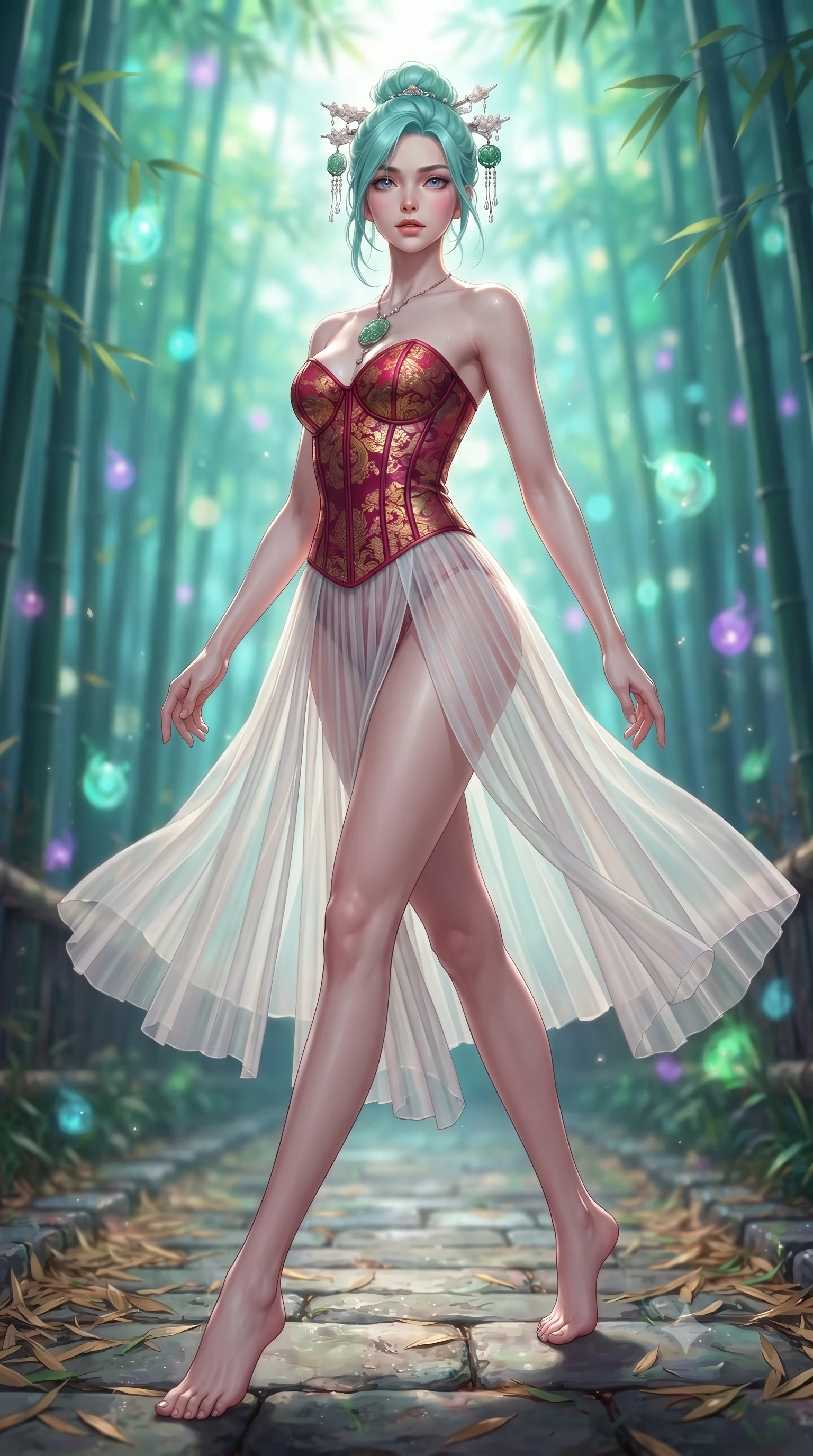 score_9, masterpiece, best quality, ultra-detailed, high-budget anime keyframe, editorial fashion photography, tasteful artistic composition, Japanese woman. low angle full-body shot from head to toe showing her feet, filling the entire 9:16 vertical frame with her statuesque presence, stretching her vertical silhouette. pivoting dynamically with supreme athletic balance and poise, her impossibly long slender legs creating a breathtaking line while striding along a stone path covered in fallen bamboo leaves with effortless, otherworldly supernatural balance. The composition keeps background elements in soft focus with creamy bokeh. towering bamboo groves and floating spirit orbs blurred into luminous emerald, cyan, and amethyst bokeh. She has an absolutely perfect, statuesque 8.5-heads proportion, an exceptionally tall and slender model-like female figure with impossibly long slender legs, a toned flat midriff, and an ultra-slim waist. sharp v-shaped jawline, high-bridge nose, intricate jewel-like eyes with depth, thick eyelashes, glossy lips with a natural sheen, captivating and magnetic expression, flawlessly proportioned anatomical accuracy, strict slender model proportions, natural body alignment, perfectly sculpted long slender limbs, ultra-slim waistline, clean dynamic posture without body distortion. wearing a sacred shrine maiden couture robe with sheer pleated chiffon skirt and structured scarlet corset top in imperial gold and deep crimson silk, crafted from weightless prism organza that refracts light with every motion, accented with mother-of-pearl hair ornaments and a carved jade pendant, the precision-cut daring openings accentuating her delicate midriff, graceful bare collarbones, and ultra-slim feminine waistline. illuminated by ethereal glow highlighting her sculpted collarbones, waistline, and slender silhouette. ultra-reflective glossy finish, specular highlights, rich textural contrasts, high-contrast stereoscopic depth, volumetric dynamic lighting, 2k, ultra detail, master piece, 9:16 ratio