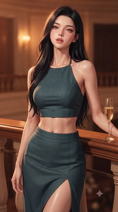 score_9, masterpiece, best quality, ultra-detailed, high-budget anime keyframe, editorial fashion photography, tasteful artistic composition, Korean woman. close-up cowboy shot from the waist and thighs up, the character dominates the composition, fi