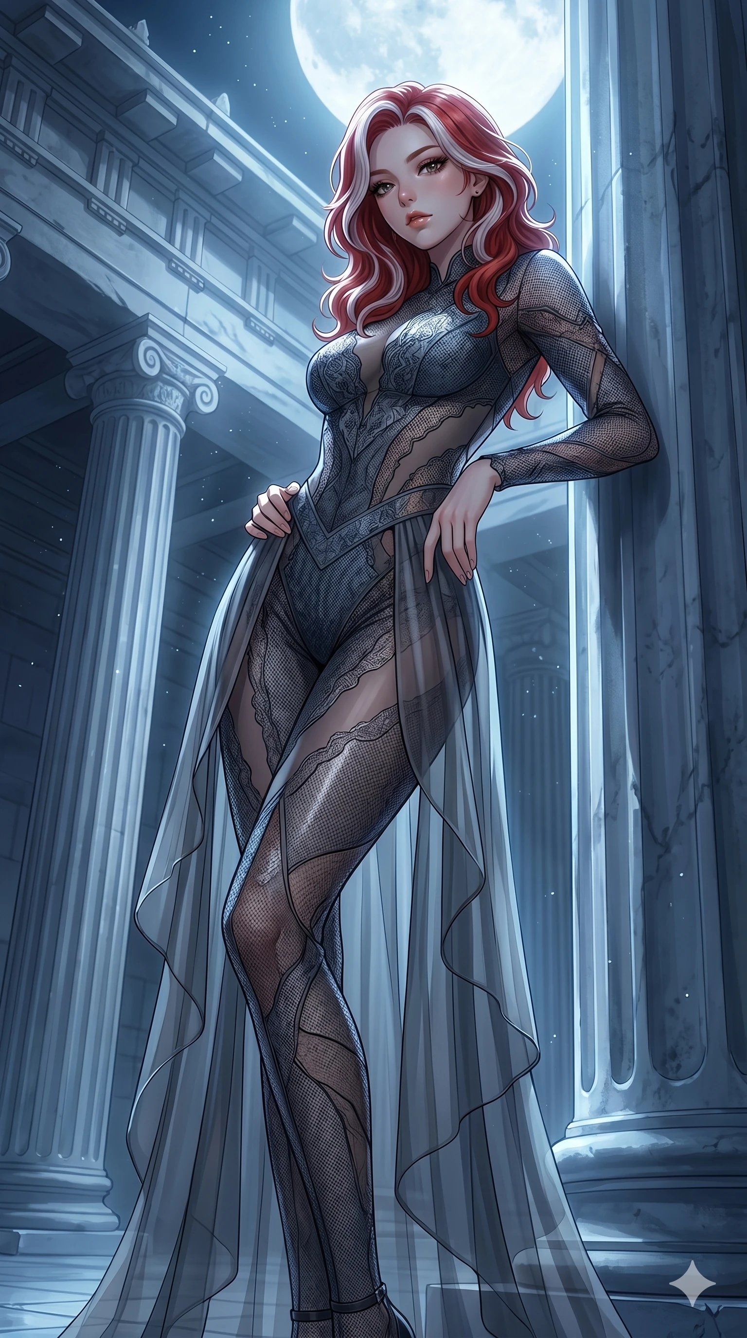 score_9, masterpiece, best quality, ultra-detailed, High-budget Anime Keyframe, East Asian woman. Low angle cowboy shot filling the entire 9:16 frame with her statuesque presence. Scenario 173: Leaning against a cold marble pillar in a moonlit greek temple. Her presence is magnetic and overpowering in this high-budget anime scene. Outfit 173: A micro-mesh lace liquid with a sheer panels and translucent layers. The clothing is designed to emphasize her exceptionally tall and slender 8-heads proportion. 8-heads proportion, towering silhouette, ultra-slim waist. sharp v-shaped jawline, intricate jewel-like eyes with depth, thick eyelashes, glossy lips. 2k, ultra detail, master piece, 9:16 ratio