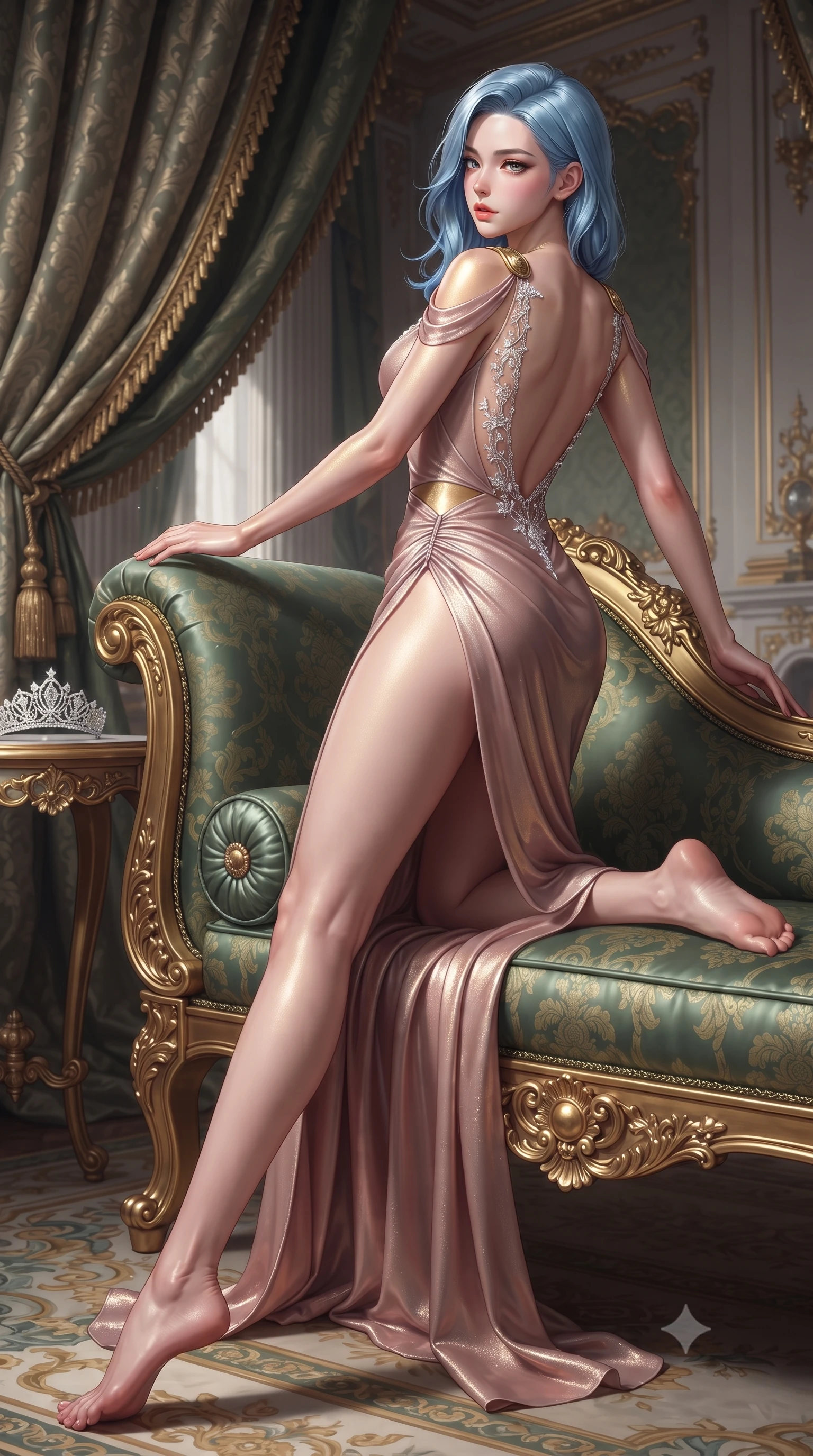 score_9, masterpiece, best quality, ultra-detailed, high-budget anime keyframe, semi-realistic 3D game render, editorial fashion photography, tasteful artistic composition, Korean woman. low angle full-body shot from head to toe showing her feet, filling the entire 9:16 vertical frame with her statuesque presence, stretching her vertical silhouette. executing an elegant mid-motion pivot turn as garments swirl around her slender limbs, glancing over her shoulder with an intoxicating bedroom-gaze while reclining languidly on an antique Russian imperial chaise longue, her slender waist and feminine curves framed by deep green stone and gold leaf. The surrounding environment is rendered in vivid detail and crisp panoramic clarity. detailed heavy silk brocade drape, diamond tiara sparkle, and palace architecture clarity in high resolution. She has an exceptionally tall and slender model-like 8.5-heads proportion, an ultra-slim waist, a flat toned midriff, narrow delicate ribcage, and beautifully sculpted feminine hips creating a graceful, slim hourglass silhouette without any bulky heaviness, with impossibly long slender legs. sharp v-shaped jawline, high-bridge nose, intricate jewel-like eyes with depth, thick eyelashes, glossy parted lips with a natural sheen, intensely captivating and seductive bedroom-eyes expression, flawlessly proportioned anatomical accuracy, strict slender model proportions, natural body alignment, perfectly sculpted long slender limbs, ultra-slim waistline, clean dynamic posture without body distortion. wearing a high-slit Grecian goddess draped gown with asymmetrical gold shoulder clasps and hip gathering in dusky blush rose and champagne shimmer, tailored from second-skin aerodynamic stretch vinyl with specular wet sheen, finished with delicate crystal frost embroidery tracing the plunging neckline, the dramatically scooped open back descending to the base of her spine, accentuating her razor-sharp statuesque lines and slim hourglass silhouette. illuminated by gilded bronze specular reflections accentuating her sculpted collarbones, narrow waist, and curvy hips. highly saturated vibrant anime colors, detailed shading with soft gradients, rich glossy textures, high-contrast stereoscopic depth, volumetric dynamic lighting, master piece, 9:16 ratio