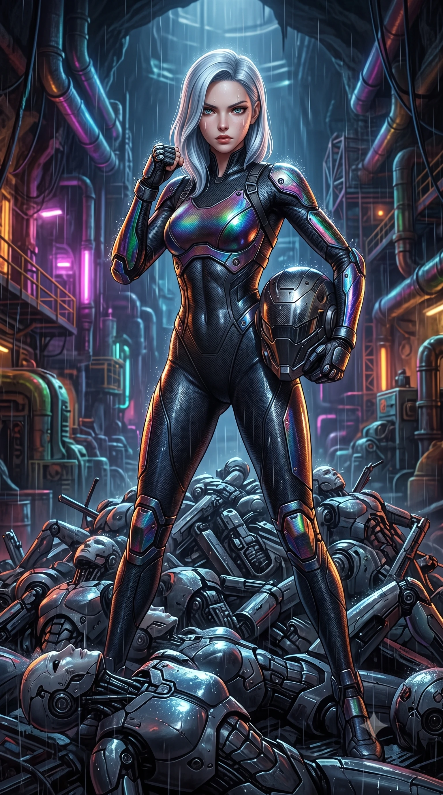 score_9, masterpiece, best quality, ultra-detailed, high-budget anime keyframe, semi-realistic 3D game render, editorial fashion photography, tasteful artistic composition, Korean woman. close-up cowboy shot from the waist and thighs up, the character dominates the composition, filling the frame with her large presence. in a razor-sharp Panzer Kunst fighting guard with raised fists, captivating jewel-like eyes locked onto the viewer with fierce, resolute determination while standing poised atop a mountain of discarded cybernetic android chassis in a vast subterranean industrial cavern. The surrounding environment is rendered in vivid detail and crisp panoramic clarity. high-contrast industrial chiaroscuro and gritty cyberpunk scrapheap aesthetics captured with sharpness. She has an exceptionally elegant, slender, and willowy female figure with an ultra-slim waist, a gracefully sculpted slender torso, toned flat midriff, and a refined slim silhouette. sharp v-shaped jawline, high-bridge nose, intricate jewel-like eyes with depth, thick eyelashes, glossy lips with a natural sheen, fierce and resolute heroine expression, flawlessly proportioned anatomical accuracy, strict slender model proportions, natural body alignment, perfectly sculpted long slender limbs, ultra-slim waistline, clean dynamic posture without body distortion. holding a modular carbon battle-helmet under one arm, her flawless face and sculpted neck exposed to the rain with determined warrior focus, paired with a tailored tactical combat jumpsuit with an open-back harness design, reinforced composite breastplate, and high-mobility elbow dampers in high-gloss iridescent rainbow carbon with scorched titanium plating, made of liquid carbon-jersey fabric accentuating every curve of her tall, slender model proportions, detailed with kinetic shock-dampening knuckle guards and polished chrome connection joints, the sleek second-skin cut tightly hugging her graceful clavicle, narrow waist, and feminine curves with athletic precision. illuminated by crisp specular highlights tracing her sculpted flat midriff, bare spine, and slender limbs. rich saturated anime colors with glowing neon highlights, detailed shading with soft gradients, rich glossy textures, high-contrast stereoscopic depth, volumetric dynamic lighting, master piece, 9:16 ratio