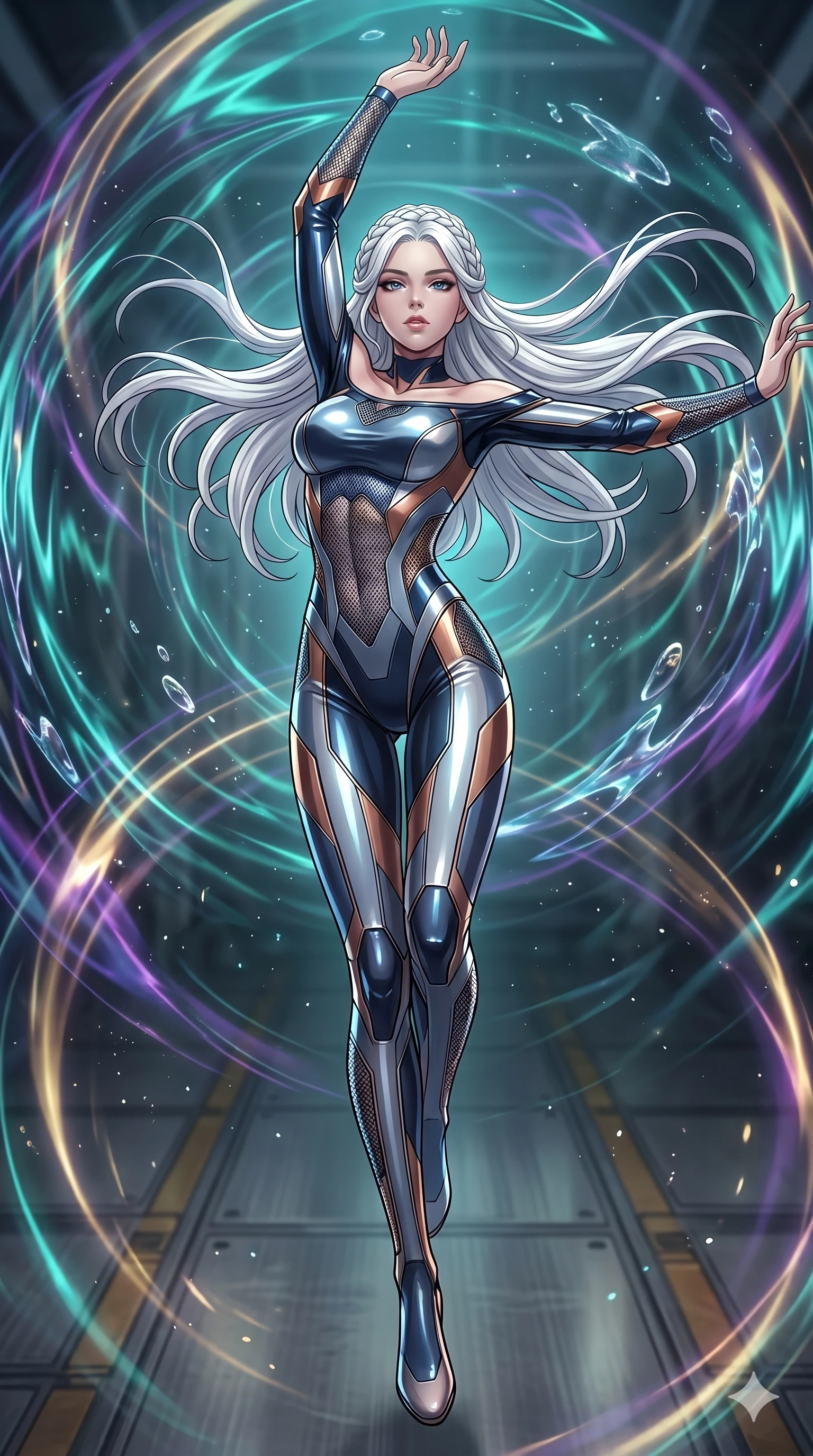 score_9, masterpiece, best quality, ultra-detailed, High-budget Anime Keyframe, vibrant colors, fluid line-art, expressive lighting, cinematic composition, Ufotable-style visual effects, top-tier animation quality, Caucasian woman with pale skin and refined features. Dynamic full-body shot stretching the vertical silhouette, capturing her from a powerful low-angle perspective. Floating within a high-frequency vibration chamber where the atmosphere becomes visible waves. She has an absolutely perfect 8-heads proportion, an exceptionally tall and slender female figure with impossibly long slender legs and an ultra-slim waist, her statuesque height and towering silhouette dominating the vertical 9:16 frame. Her face is a masterpiece featuring a sharp v-shaped jawline, high-bridge nose, intricate jewel-like eyes with depth, thick eyelashes, and glossy lips with a natural sheen. She is wearing a Off-shoulder tech-suit made of high-gloss synthetic fibers, featuring strategic micro-mesh panels. The scene is set in a chamber of echoes where every sound creates beautiful liquid patterns in the air. 2k, ultra detail, master piece, 9:16 ratio