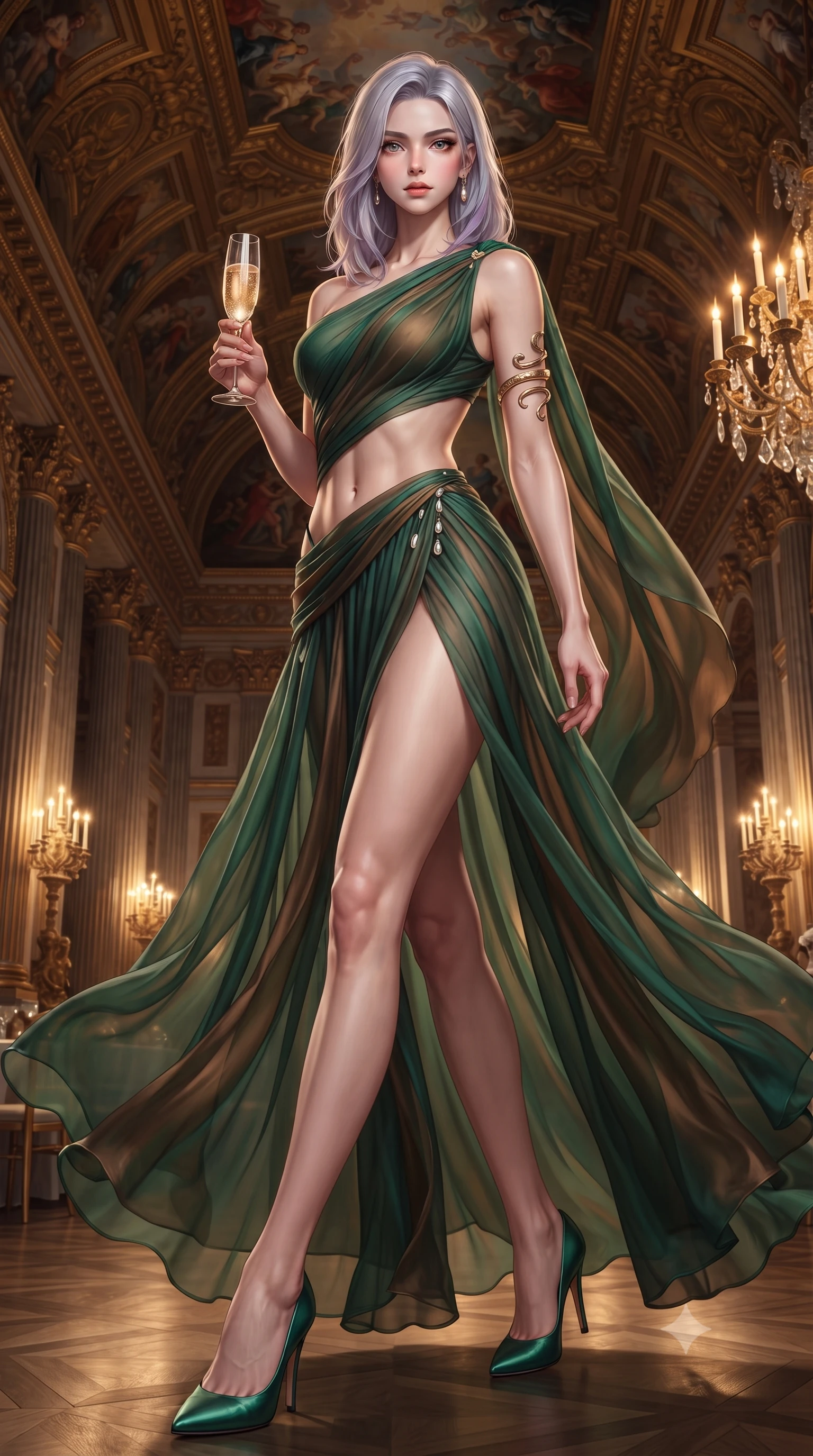 score_9, masterpiece, best quality, ultra-detailed, high-budget anime keyframe, editorial fashion photography, tasteful artistic composition, Caucasian woman. low angle full-body shot from head to toe showing her feet, filling the entire 9:16 vertical frame with her statuesque presence, stretching her vertical silhouette. stepping forward gracefully in mid-motion, displaying her toned flat midriff and flawlessly sculpted slender limbs while holding a crystal flute of sparkling champagne with delicate poise, her jewel-like eyes locked onto the viewer. The surrounding environment is rendered in vivid detail and crisp panoramic clarity. rich high-contrast gala chiaroscuro and monumental imperial palace grandeur captured with environmental sharpness. She has an absolutely perfect, statuesque 8.5-heads proportion, an exceptionally tall and slender model-like female figure with impossibly long slender legs, a toned flat midriff, and an ultra-slim waist. sharp v-shaped jawline, high-bridge nose, intricate jewel-like eyes with depth, thick eyelashes, glossy lips with a natural sheen, captivating and magnetic expression, flawlessly proportioned anatomical accuracy, strict slender model proportions, natural body alignment, perfectly sculpted long slender limbs, ultra-slim waistline, clean dynamic posture without body distortion. wearing an ethereal emerald-green silk chiffon gown with an asymmetric shoulder drape and sheer layered skirt in deep emerald green and bronze, woven from airy multi-layered silk chiffon with a weightless drape, accented with a sculptured gold serpent armlet and pearl drops edition #15, the sleek tailored cut tightly hugging her graceful clavicle, narrow waist, and feminine curves with statuesque precision. bathed in warm glowing candlelight and radiant gold chandelier downlights. ultra-reflective glossy finish, specular highlights, rich textural contrasts, high-contrast stereoscopic depth, volumetric dynamic lighting, 2k, ultra detail, master piece, 9:16 ratio