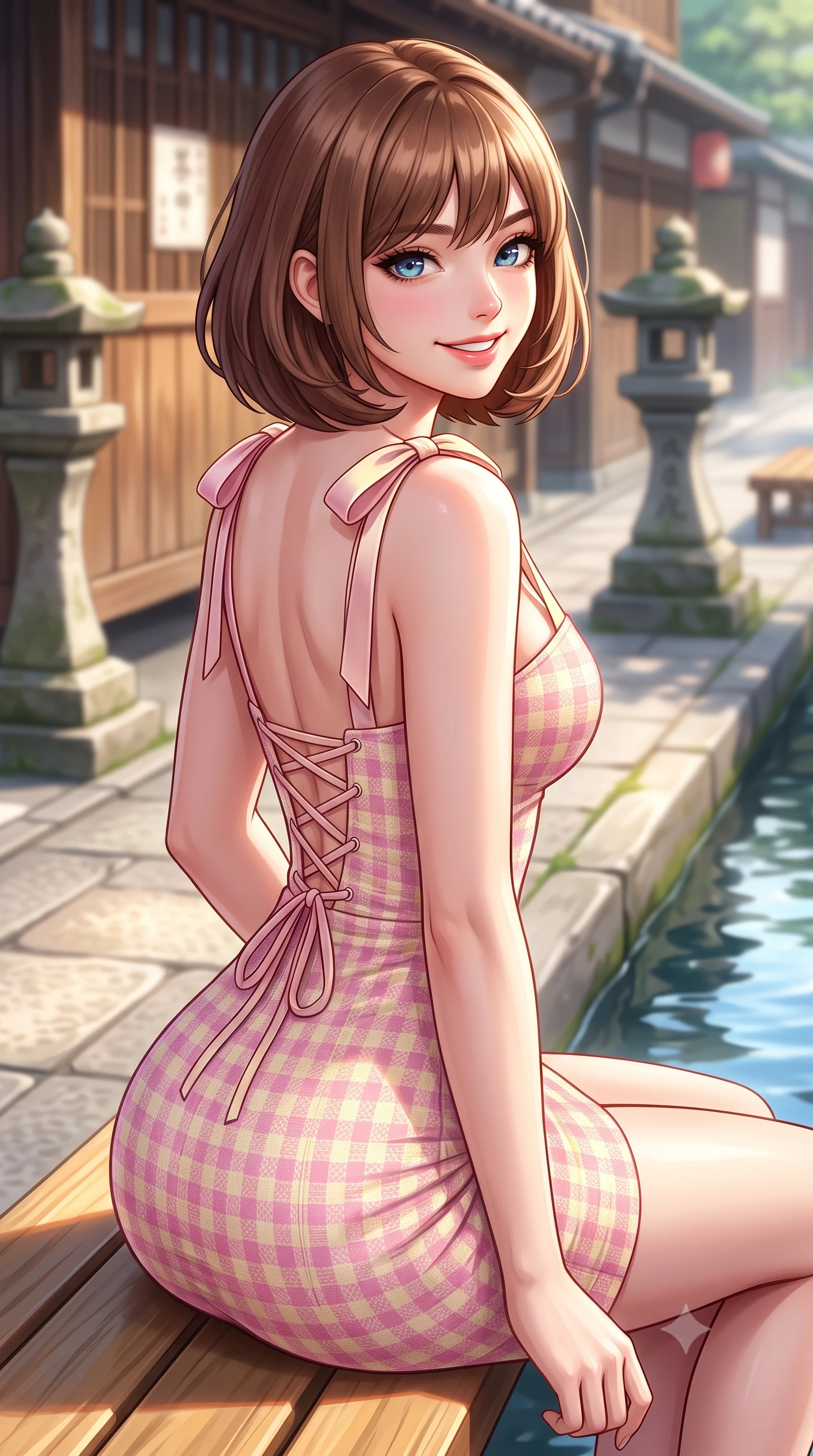 score_9, masterpiece, best quality, ultra-detailed, high-budget anime keyframe, semi-realistic 3D game render, editorial fashion photography, tasteful artistic composition, Caucasian woman. close-up cowboy shot from the waist and thighs up, the character dominates the composition, filling the frame with her large presence. posing in an alluring rear three-quarter angle, turning over a bare shoulder with an intoxicating cute smile, her hips cocked back to highlight her slim hourglass curve while sitting on a sunlit wooden bench beside the canal, her form-hugging outfit accentuating her narrow waist and curvy hips in the spring breeze. The composition keeps background elements in soft focus with dreamy creamy bokeh. traditional wooden teahouse walls and stone moss lanterns softened in tranquil Kyoto shallow focus. She has an exceptionally elegant, slender, and willowy female figure with an ultra-slim waist, flat toned midriff, narrow ribcage, and sculpted feminine hips creating an alluring, slim hourglass silhouette without bulk. sharp v-shaped jawline, high-bridge nose, intricate jewel-like sparkling eyes with depth, thick eyelashes, glossy parted lips with a natural peach sheen, bright cheerful beaming smile with an enchanting and coquettish sensual glint, exuding both youthful cute charm and seductive allure, flawlessly proportioned anatomical accuracy, strict slender model proportions, natural body alignment, perfectly sculpted long slender limbs, ultra-slim waistline, clean dynamic posture without body distortion. wearing a backless lace-up gingham sundress with a form-fitting bodice and hip-defining silhouette in sweet strawberry milk pink and butter yellow, tailored from soft pastel tweed with subtle metallic shimmer, finished with cute satin bow ribbons tying at the shoulders, the form-contouring cut accentuating her sculpted flat midriff, narrow delicate ribcage, and gracefully curvy hips with supermodel precision. illuminated by calm water reflections sharply sculpting her sculpted cheekbones, ultra-slim waist, and curvy hips. highly saturated vibrant anime colors, detailed shading with soft gradients, rich glossy textures, high-contrast stereoscopic depth, volumetric dynamic lighting, master piece, 9:16 ratio