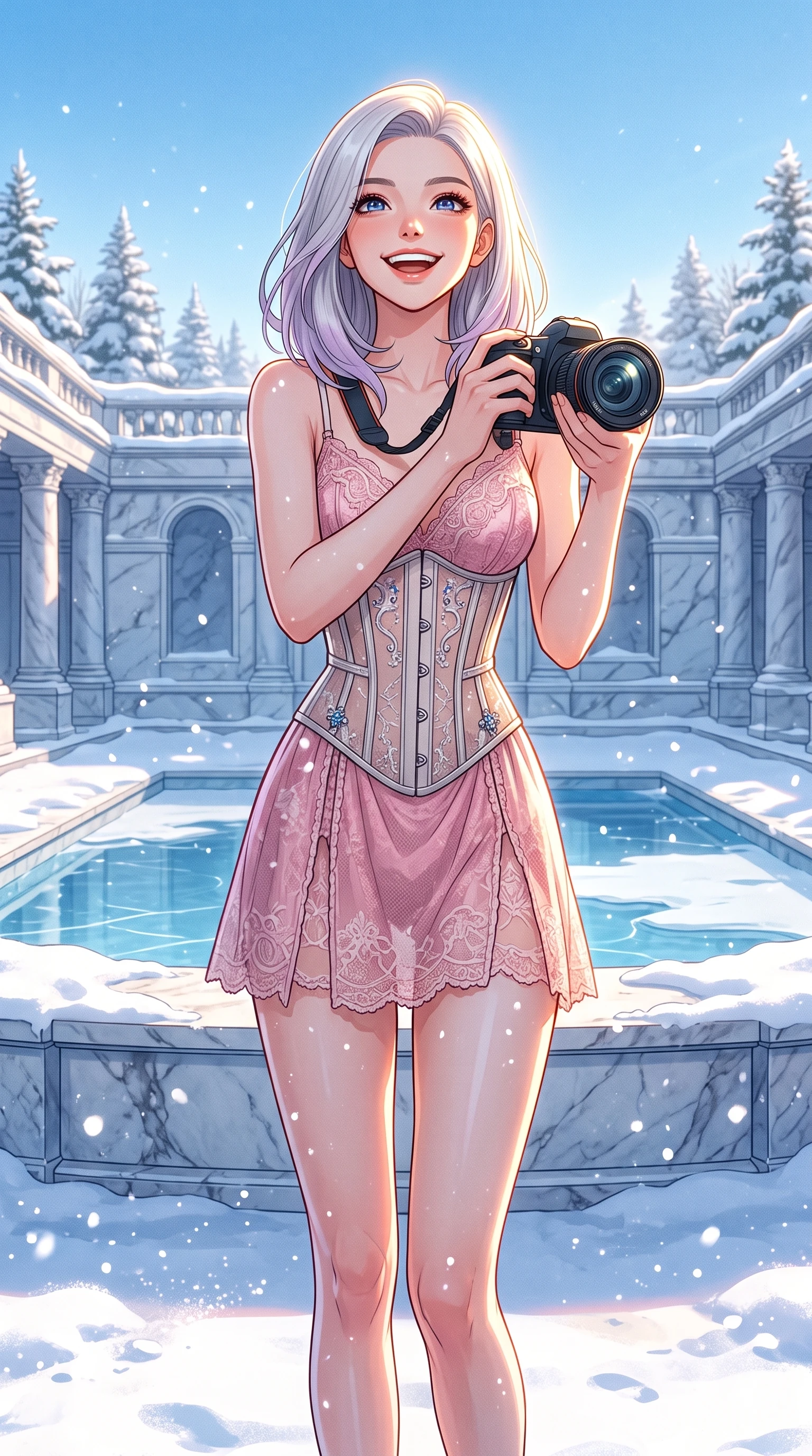 score_9, masterpiece, best quality, ultra-detailed, high-budget anime keyframe, vibrant anime aesthetic, Caucasian woman, strictly human ears. cowboy shot from the thighs up, character and outfit filling the frame for maximum presence. She is holding a camera with a bright winter grin, looking up with a joyful expression in snow on a marble pool ledge in the winter morning (Code-P21-185). She has an absolutely perfect 8-heads proportion, an exceptionally tall and slender female figure with impossibly long slender legs and an ultra-slim waist. V-shaped jawline, high-bridge nose, intricate jewel-like eyes with depth, thick eyelashes, glossy lips with a natural sheen. wearing a semi-opaque corset over a pink lace slip dress in winter. She is drenched in radiant midday winter sunshine that creates a glowing halo around her features. 2k, ultra detail, master piece, 9:16 ratio
