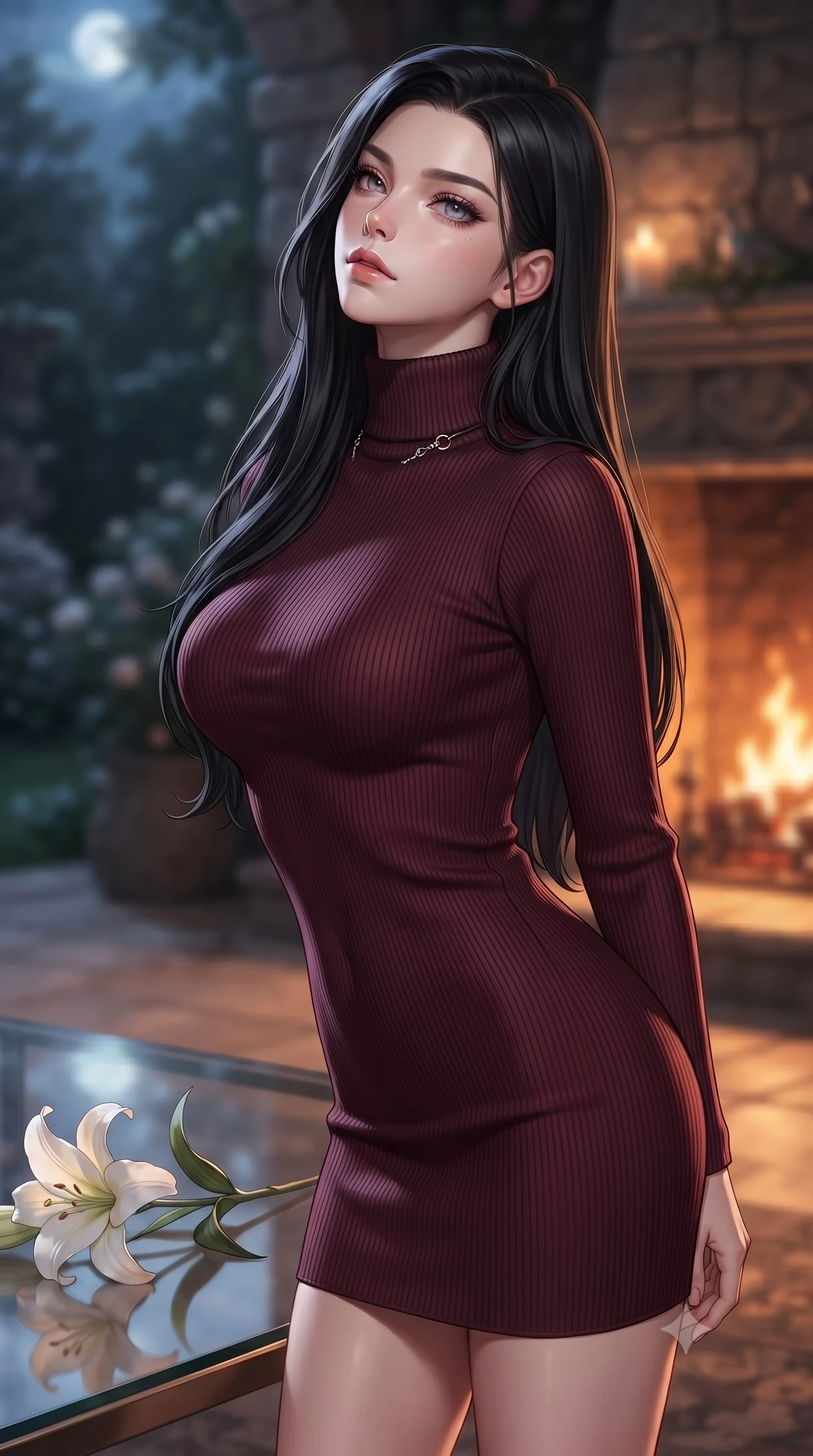 score_9, masterpiece, best quality, ultra-detailed, high-budget anime keyframe, editorial fashion photography, tasteful artistic composition, Korean woman. close-up cowboy shot from the waist and thighs up, the character dominates the composition, filling the frame with her large presence, background elements kept in soft focus. tilting her chin up with a composed yet deeply enticing gaze, her eyes sparkling under the warm lighting set against a soft-focus background of inside an exclusive moonlit garden terrace with a single long-stemmed white lily resting against a polished glass surface. She has an exceptionally elegant, slender, and willowy female figure with an ultra-slim waist, a gracefully sculpted slender torso, and a refined silhouette. sharp v-shaped jawline, high-bridge nose, intricate jewel-like eyes with depth, thick eyelashes, glossy lips with a natural sheen. wearing slim-fit deep burgundy matte silk form-fitting ribbed knit turtleneck dress outlining her slender silhouette accented with delicate silver hardware. bathed in cozy, flickering fireplace light that paints the room in a warm orange wash. ultra-reflective glossy finish, specular highlights, metallic sheen, high-contrast stereoscopic depth, volumetric dynamic lighting, 2k, ultra detail, master piece, 9:16 ratio