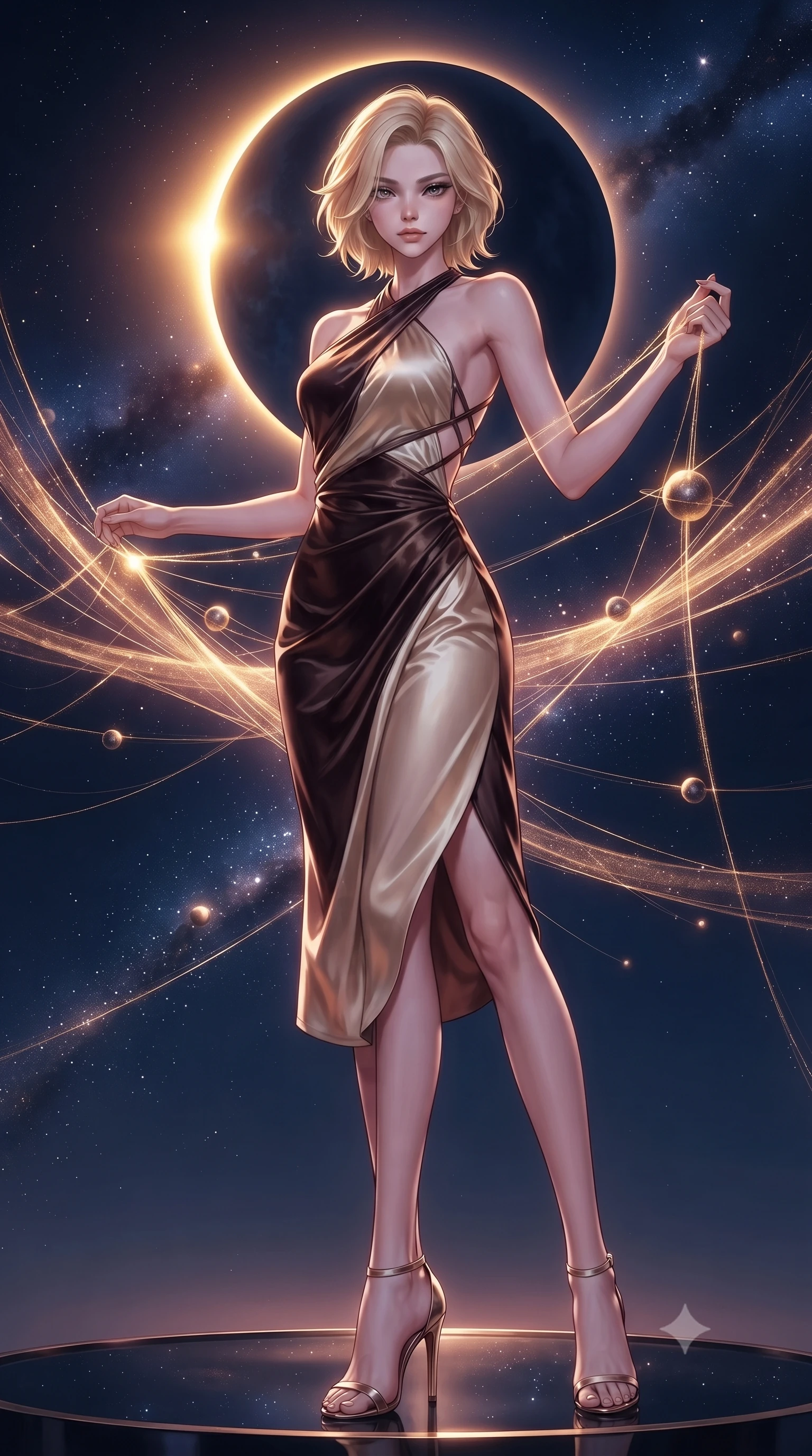 score_9, masterpiece, best quality, ultra-detailed, high-budget anime keyframe, editorial fashion photography, tasteful artistic composition, Caucasian woman. low angle full-body shot from head to toe showing her feet, filling the entire 9:16 vertical frame with her statuesque presence, stretching her vertical silhouette. interacting gracefully with the magical floating elements while maintaining a confident posture threading brilliant comet dust through a golden celestial loom, a cosmic eclipse casting brilliant golden rim highlights. She has an absolutely perfect, statuesque 8.5-heads proportion, an exceptionally tall and slender model-like female figure with impossibly long slender legs and an ultra-slim waist. sharp v-shaped jawline, high-bridge nose, intricate jewel-like eyes with depth, thick eyelashes, glossy lips with a natural sheen. wearing a velvet halter-neck midi dress following her form like a glove in espresso brown and warm cream, crafted from lustrous satin jersey with fluid draping, complemented by criss-cross back straps highlighting her bare shoulders, the form-contouring material highlighting her ultra-slim waist and long lines. bathed in radiant cosmic pink and deep navy blue ambient light. highly saturated vibrant anime colors, detailed shading with soft gradients, rich glossy textures, high-contrast stereoscopic depth, volumetric dynamic lighting, master piece, 9:16 ratio