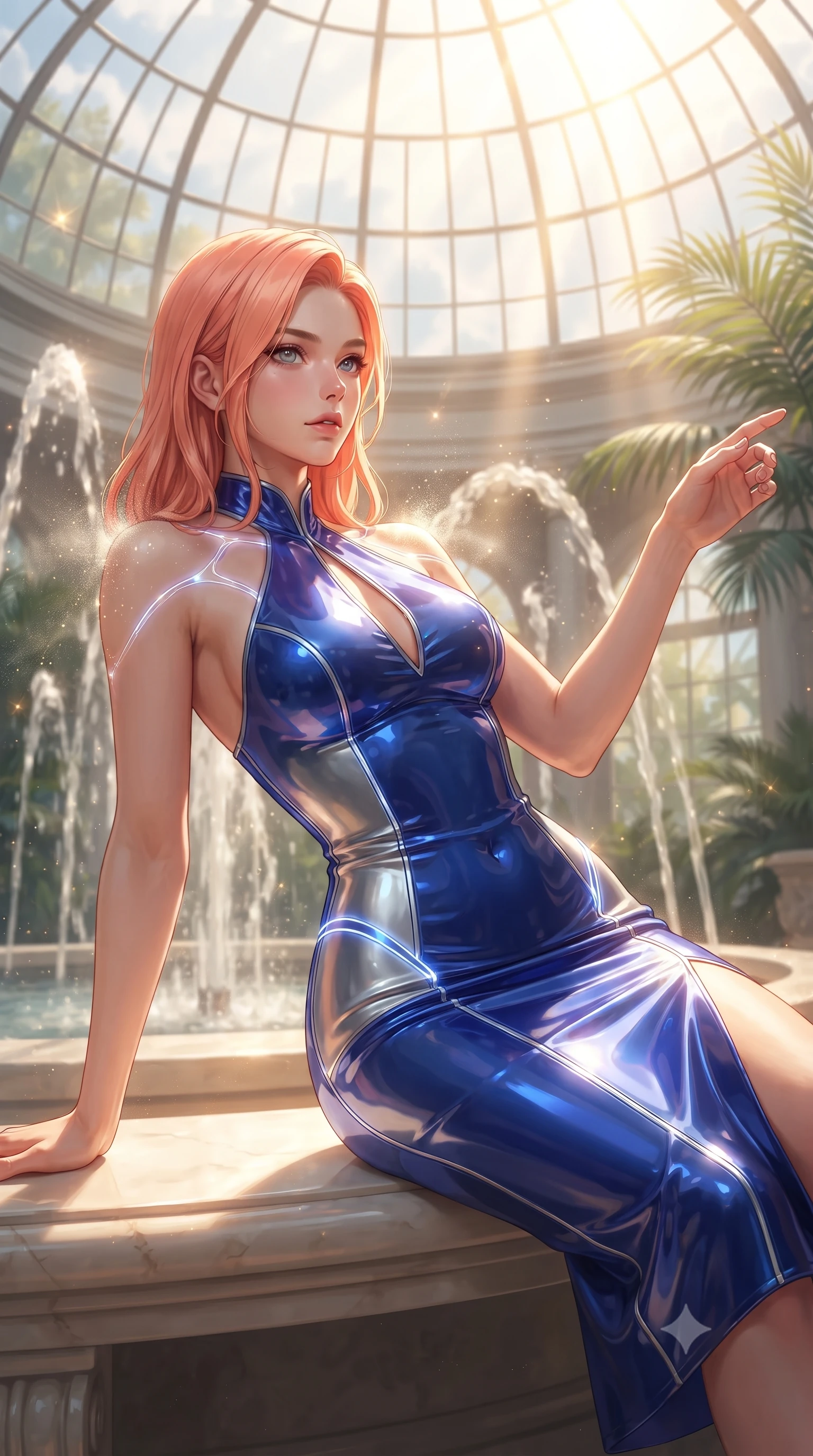 score_9, masterpiece, best quality, ultra-detailed, high-budget anime keyframe, editorial fashion photography, tasteful artistic composition, Japanese woman. close-up cowboy shot from the waist and thighs up, the character dominates the composition, filling the frame with her large presence. extending one arm gracefully toward the light while her torso arches in a sleek, alluring curve with magnetic intensity while reclining along a sun-warmed alabaster bench as cascading fountain mist and golden sunbeams wrap around her bare shoulders. The composition keeps background elements in soft focus with creamy bokeh. cascading fountain water streams and tropical palm leaves softened in dreamy shallow depth of field. She has an exceptionally elegant, slender, and willowy female figure with an ultra-slim waist, a gracefully sculpted slender torso, toned flat midriff, and a refined slim silhouette. sharp v-shaped jawline, high-bridge nose, intricate jewel-like eyes with depth, thick eyelashes, glossy lips with a natural sheen, flawlessly proportioned anatomical accuracy, strict slender model proportions, natural body alignment, perfectly sculpted long slender limbs, ultra-slim waistline, clean dynamic posture without body distortion. wearing a velvet halter-neck midi dress fitting her statuesque contour flawlessly with a Tasteful chest slit and open spine in liquid electric cobalt blue and polished silver, formed from high-gloss patent material with specular light reflections, accented with glowing fiber-optic seams tracing her collarbones and hip curves, the sleek second-skin cut tightly hugging her graceful clavicle, narrow waist, and feminine curves with athletic precision. bathed in intense volumetric golden sunbeams streaming through grand glass dome panes. ultra-reflective glossy finish, specular highlights, metallic sheen, high-contrast stereoscopic depth, volumetric dynamic lighting, 2k, ultra detail, master piece, 9:16 ratio