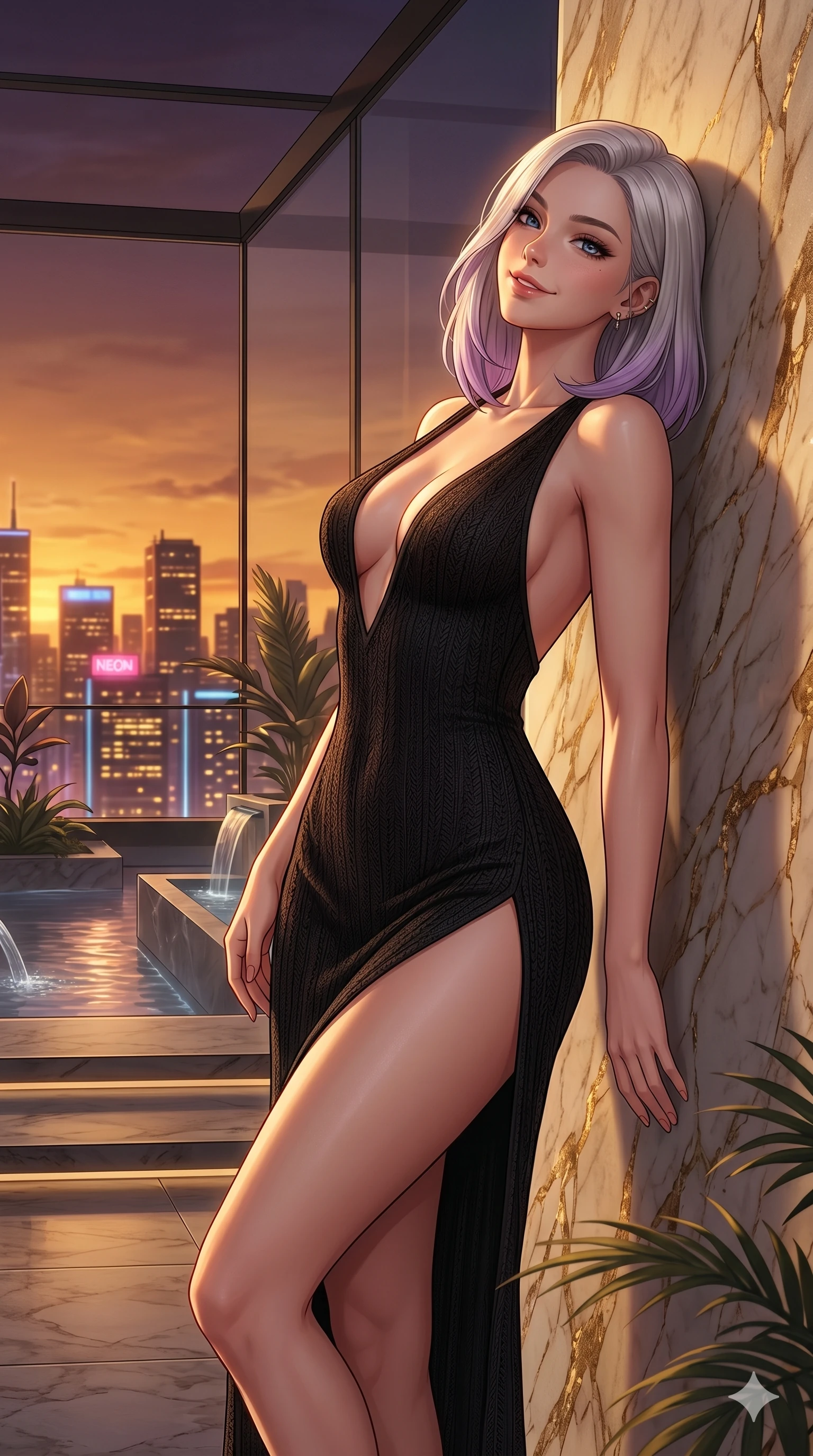 score_9, masterpiece, best quality, ultra-detailed, high-budget anime keyframe, editorial fashion photography, tasteful artistic composition, Caucasian woman, strictly human ears. cowboy shot from the thighs up, character and outfit filling the frame for maximum editorial presence. leaning back against the rock face, tilting her head back with a playful, teasing smile in a luxury penthouse spa overlooking a glowing neon city skyline (Code-P18-095). She has an absolutely perfect 8-heads proportion, an exceptionally tall and slender female figure with impossibly long slender legs and an ultra-slim waist. V-shaped jawline, high-bridge nose, intricate jewel-like eyes with depth, thick eyelashes, glossy lips with a natural sheen. wearing a bodycon dress with a plunging neck and a high slit skirt. bathed in warm golden hour sunset light, tracing the sleek contours of her athletic build. 2k, ultra detail, master piece, 9:16 ratio