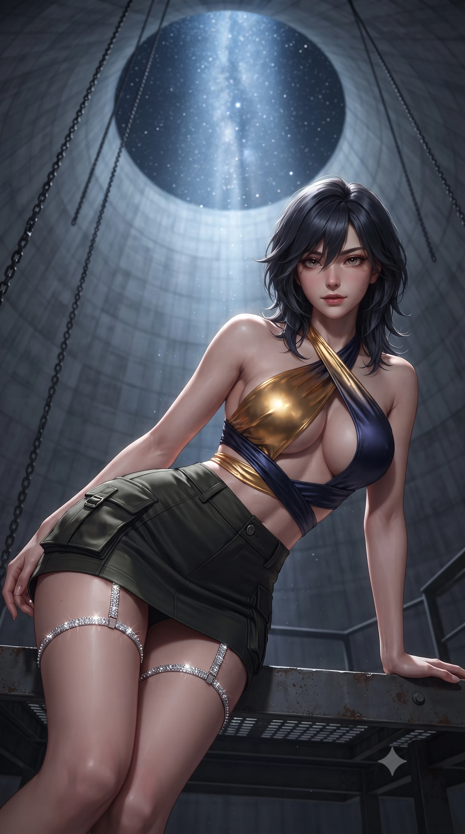 score_9, masterpiece, best quality, ultra-detailed, high-budget anime keyframe, editorial fashion photography, tasteful artistic composition, Caucasian woman. close-up cowboy shot from the waist and thighs up, the character dominates the composition, filling the frame with her large presence. leaning forward while arching her lower back to accentuate her curvy hips, looking into the camera with an intoxicating smoldering gaze and bedroom-eyes while lounging on an equipment platform propped on one elbow, her statuesque 8.5-heads silhouette commanding the monumental concrete interior. The background shows a soft-focus the towering curving concrete walls of the cooling tower, hanging chains, and star-filled circular opening blurred into charcoal, slate, and starlight bokeh. She has an exceptionally elegant, slender, and willowy female figure with an ultra-slim waist, flat toned midriff, narrow ribcage, and sculpted feminine hips creating an alluring, slim hourglass silhouette without bulk. sharp v-shaped jawline, high-bridge nose, sparkling eyes with hypnotic seductive depth, thick curled eyelashes, glossy parted lips with a natural dewy peach sheen, alluring bedroom-eyes with an enchanting coquettish smile, exuding magnetic siren charisma and sophisticated glamour, flawlessly proportioned anatomical accuracy, strict slender model proportions, natural body alignment, perfectly sculpted long slender limbs, ultra-slim waistline, clean dynamic posture without body distortion. wearing a high-waisted tactical wrap mini skirt with dual utility pockets paired with a plunging criss-cross halter sports top in molten liquid gold and midnight indigo, crafted from fluid liquid silk satin that clings smoothly to every curve with a dewy sheen, finished with delicate crystal-encrusted thigh garter straps glinting under the lights, the glove-like clinging cut tightly following the natural contour of her hips and long slender legs with youthful 8.5-heads elegance. bathed in a dramatic shaft of celestial starlight and moonlight descending straight down the center of the tower. ultra-reflective glossy finish, specular highlights, rich textural contrasts, high-contrast stereoscopic depth, volumetric dynamic lighting, 2k, ultra detail, master piece, 9:16 ratio