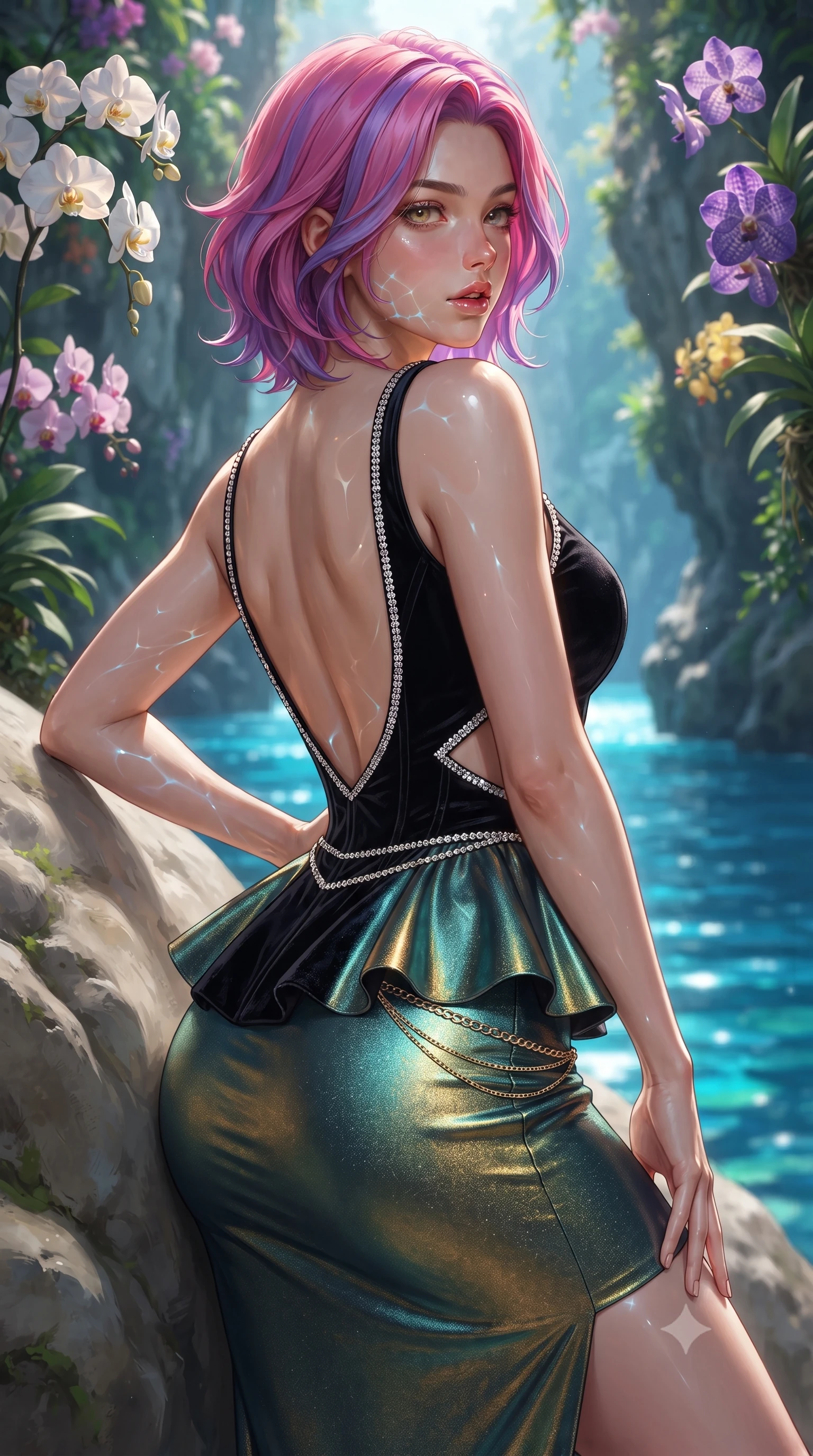 score_9, masterpiece, best quality, ultra-detailed, high-budget anime keyframe, editorial fashion photography, tasteful artistic composition, Caucasian woman. close-up cowboy shot from the waist and thighs up, the character dominates the composition, filling the frame with her large presence. posing in an alluring rear three-quarter angle, arching her lower back in a pronounced S-curve with one hand on her hip, glancing seductively over her bare shoulder with parted glossy lips while leaning back against the smooth limestone riverbank with hips cocked back, looking out over the translucent river with sun-kissed, teasing bedroom-eyes. The composition keeps background elements in soft focus with creamy bokeh. dramatic limestone gorge cliffs draped in wild tropical orchids and glowing blue river waters blurred into intense sapphire, cyan, and jungle-gold bokeh. She has an exceptionally elegant, slender, and willowy female figure with an ultra-slim waist, flat toned midriff, narrow ribcage, and sculpted feminine hips creating an alluring, slim hourglass silhouette without bulk. sharp v-shaped jawline, high-bridge nose, intricate jewel-like eyes with depth, thick eyelashes, glossy parted lips with a natural sheen, intensely captivating and seductive bedroom-eyes expression, flawlessly proportioned anatomical accuracy, strict slender model proportions, natural body alignment, perfectly sculpted long slender limbs, ultra-slim waistline, clean dynamic posture without body distortion. wearing a modern peplum corset dress with side-waist diamond cutouts and an ultra-tight silhouette in pitch-black velvet with diamond crystal trim, crafted from luxurious metallic lamé that shifts radiance with every step, accented with a delicate gold chain belt resting loosely on her curvy hips, the dramatically scooped open back descending to the base of her spine, accentuating her razor-sharp statuesque lines and slim hourglass silhouette. illuminated by intense sapphire water surface caustics carving her razor-sharp jawline, narrow waist, and curvy hips. ultra-reflective glossy finish, specular highlights, rich textural contrasts, high-contrast stereoscopic depth, volumetric dynamic lighting, 2k, ultra detail, master piece, 9:16 ratio