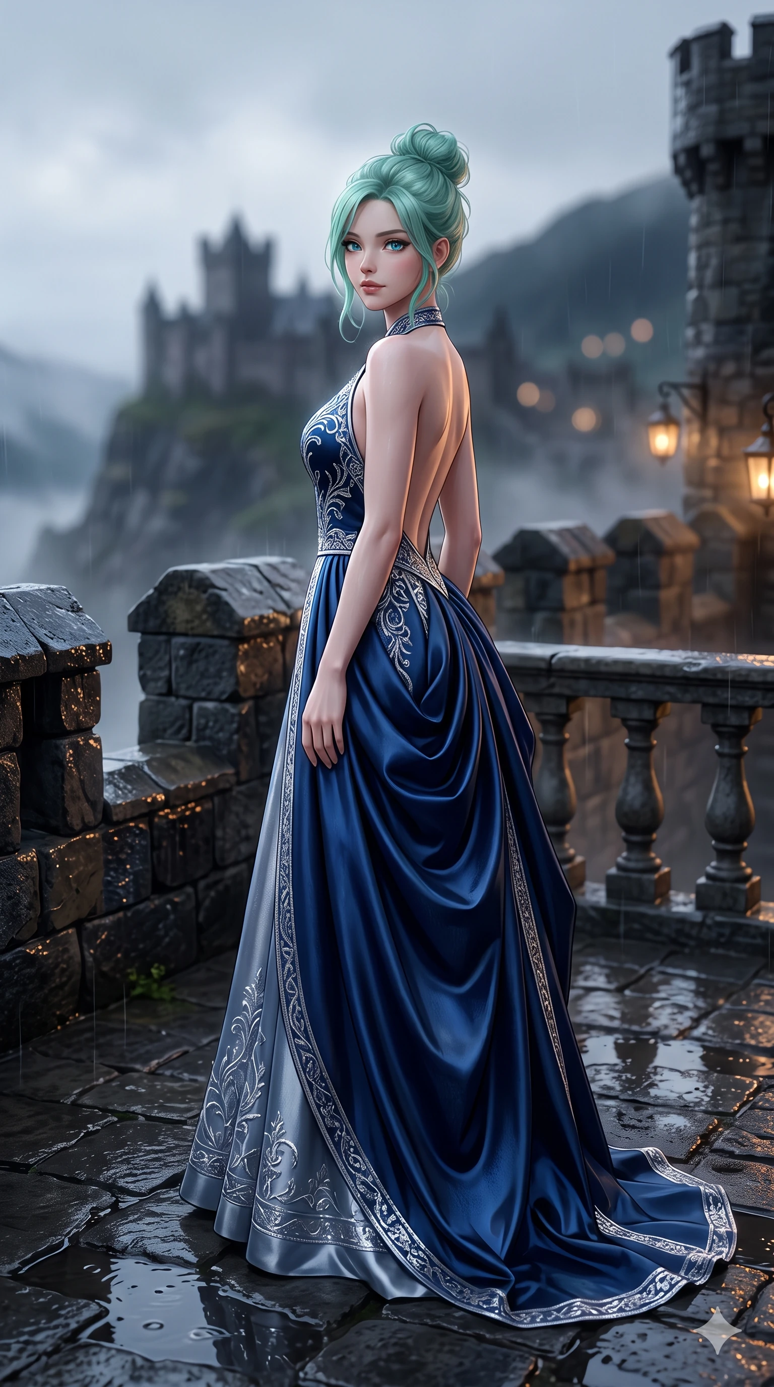 score_9, masterpiece, best quality, ultra-detailed, high-budget anime keyframe, semi-realistic 3D game render, editorial fashion photography, tasteful artistic composition, Japanese woman. close-up cowboy shot from the waist and thighs up, the character dominates the composition, filling the frame with her large presence. leaning back with relaxed seductive grace, her sculpted collarbones and narrow waist highlighted as she casts smoldering bedroom-eyes directly into the camera while stepping slowly along the rain-washed stone rampart with hypnotic grace, hips swaying in an alluring rhythm that accentuates her curvy hourglass silhouette. The composition keeps background elements in soft focus with creamy bokeh: fresh highland rain mist softened in cliffside fortress rampart shallow focus. She has an exceptionally elegant, slender, and willowy female figure with an ultra-slim waist, flat toned midriff, narrow ribcage, and sculpted feminine hips creating an alluring, slim hourglass silhouette without bulk. sharp v-shaped jawline, high-bridge nose, intricate jewel-like eyes with depth, thick eyelashes, glossy parted lips with a natural sheen, intensely captivating and seductive bedroom-eyes expression, flawlessly proportioned anatomical accuracy, strict slender model proportions, natural body alignment, perfectly sculpted long slender limbs, ultra-slim waistline, clean dynamic posture without body distortion. wearing an open-back duchess satin gala gown with dramatic hip-hugging drape and cascading trailing hem in midnight sapphire and polished liquid silver, crafted from fluid liquid silk satin that clings smoothly to her narrow waist and rounded hips with a dewy sheen, accented with an open-back drape framed by falling strands of delicate chrome chains, the bespoke structured tailoring following the natural line of her 8.5-heads silhouette with refined elegance. puddle reflection bounce and volumetric dynamic lighting highlighting her long slender legs and willowy proportions. highly saturated vibrant anime colors, detailed shading with soft gradients, rich glossy textures, high-contrast stereoscopic depth, volumetric dynamic lighting, master piece, 9:16 ratio