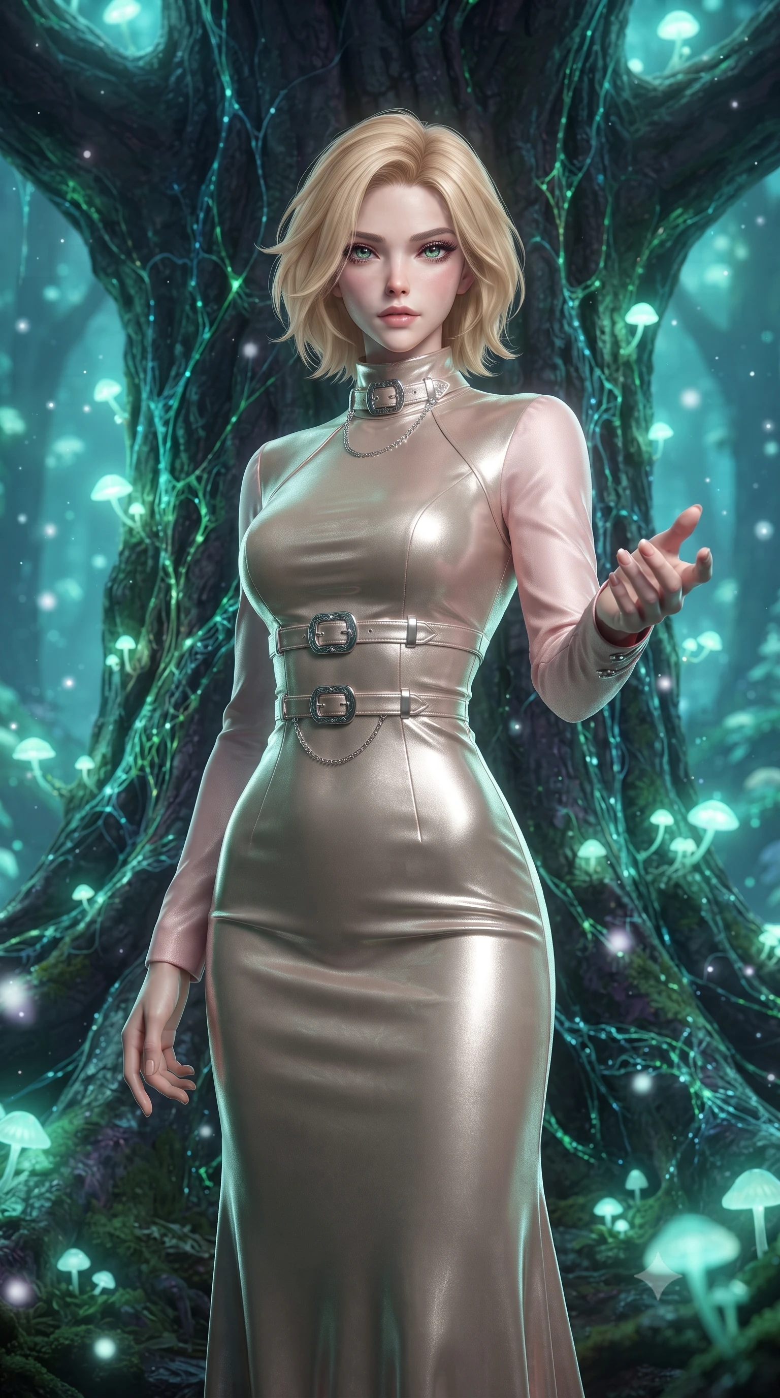 score_9, masterpiece, best quality, ultra-detailed, high-budget anime keyframe, editorial fashion photography, tasteful artistic composition, Caucasian woman. close-up cowboy shot from the waist and thighs up, the character dominates the composition, filling the frame with her large presence, background elements kept in soft focus. Reaching one hand toward the viewer with relaxed elegance, standing beneath a colossal ancient tree surrounded by glowing opal mushroom spores, bioluminescent mycelium threads weaving intricate glowing patterns through dark bark. She has an exceptionally elegant, slender, and willowy female figure with an ultra-slim waist, a gracefully sculpted slender torso, and a refined silhouette. sharp v-shaped jawline, high-bridge nose, intricate jewel-like eyes with depth, thick eyelashes, glossy lips with a natural sheen. wearing floor-length high-neck champagne silk velvet gown with long sleeves in soft blush pink, made of liquid mercury jersey, framed by polished silver buckles and delicate chain details, following her slender form with tailored precision. bathed in soft emerald and cyan light from glowing forest spores. ultra-reflective glossy finish, specular highlights, metallic sheen, high-contrast stereoscopic depth, volumetric dynamic lighting, 2k, ultra detail, master piece, 9:16 ratio