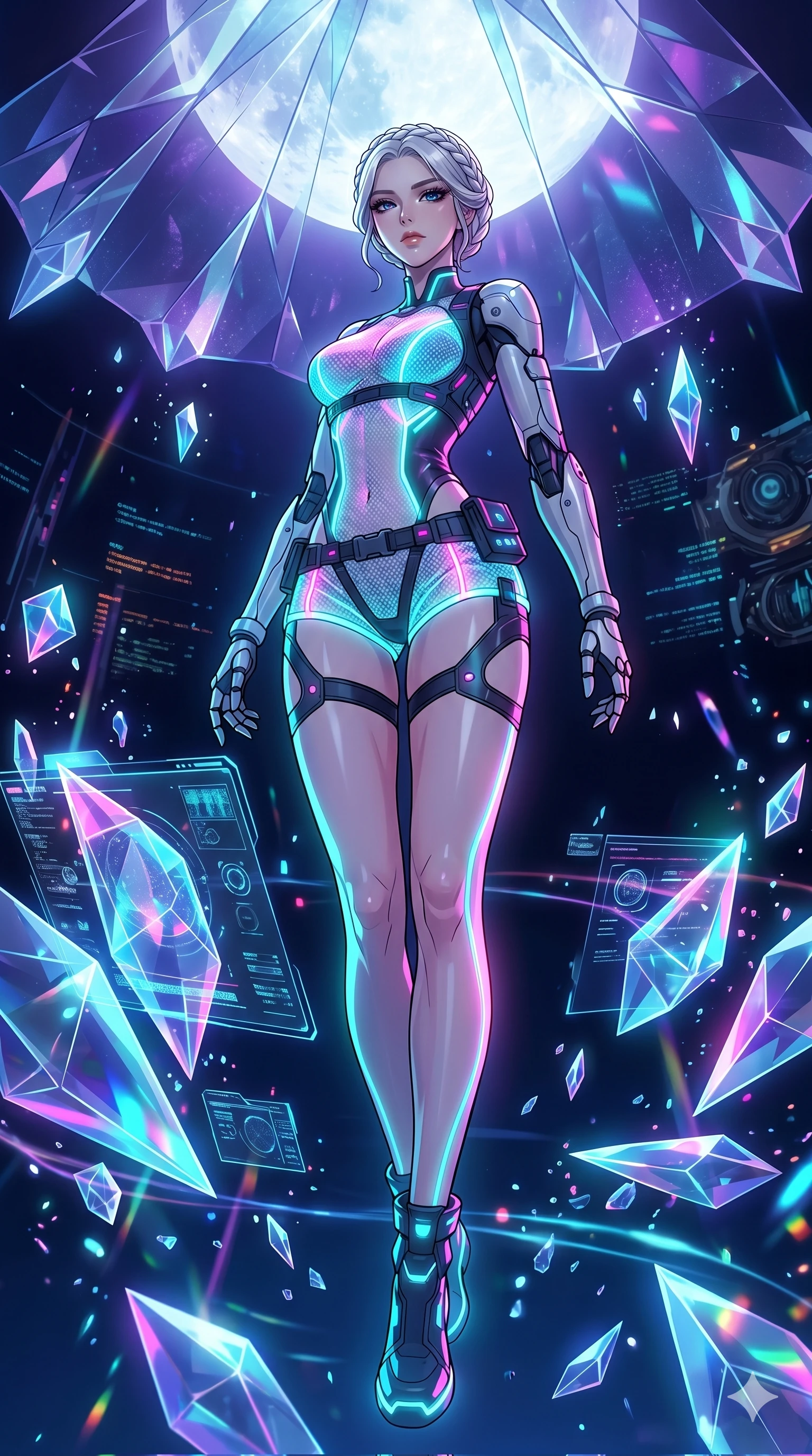 score_9, masterpiece, best quality, ultra-detailed, High-budget Anime Keyframe, vibrant colors, fluid line-art, expressive lighting, cinematic composition, Ufotable-style visual effects, top-tier animation quality, Korean woman with idol-like refined features. Dramatic low angle looking up at her majestic stature, dominating the vertical space of the composition. Navigating a surreal sea of floating geometric shapes and crystalline structures within a digital void, the environment reacting to her presence. She has an absolutely perfect 8-heads proportion, an exceptionally tall and slender female figure with impossibly long slender legs and an ultra-slim waist, her statuesque height and towering silhouette dominating the vertical 9:16 frame. Her face is a masterpiece featuring a sharp v-shaped jawline, high-bridge nose, intricate jewel-like eyes with depth, thick eyelashes, and glossy lips with a natural sheen. She is wearing a Cyber-augmented streetwear featuring mechanical arm parts and a micro-shorts/harness combo crafted from Fluorescent mesh that glows brightly under neon light, highlighting her silhouette, with integrated neon-lit tactical gear and suggestive cutouts on the thighs. The scene is set in a high-tech research laboratory with glowing glass tanks and complex holographic interfaces, illuminated by ethereal moonlight filtering through a crystalline canopy, creating soft highlights. 2k, ultra detail, master piece, 9:16 ratio