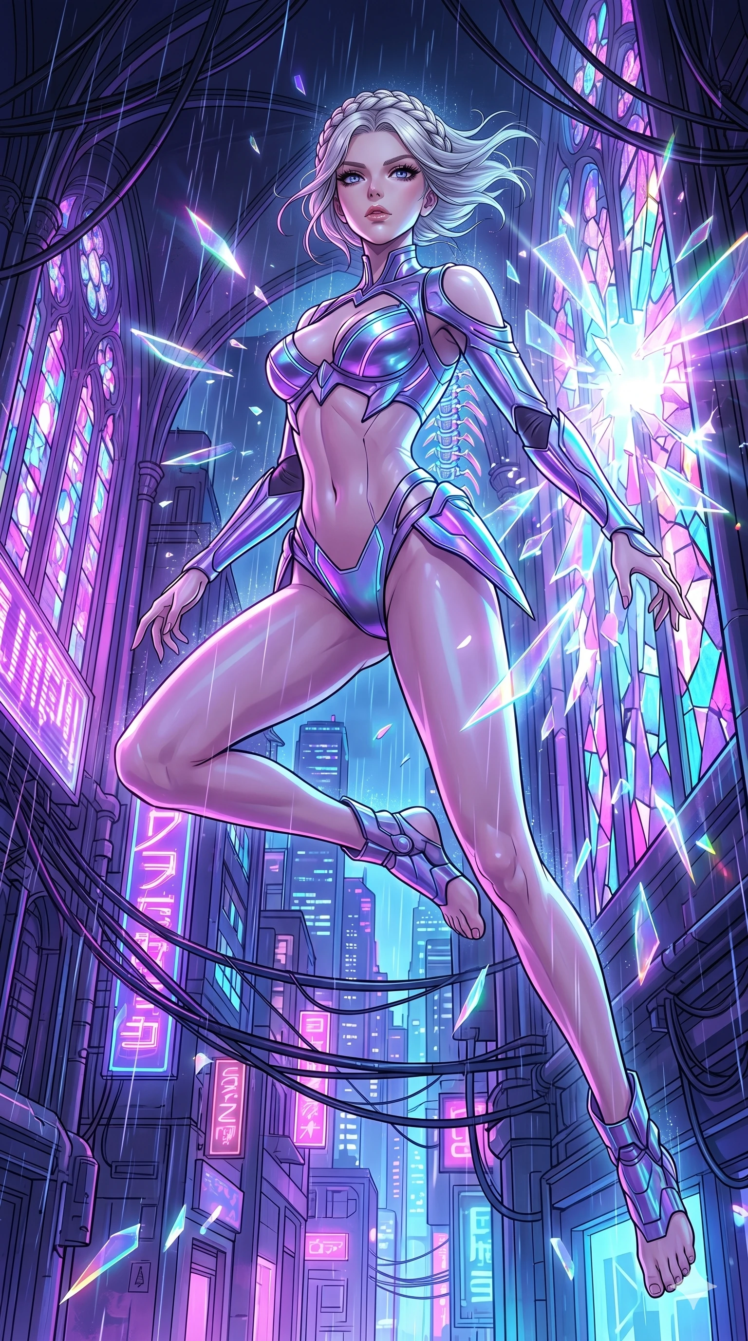 score_9, masterpiece, best quality, ultra-detailed, High-budget Anime Keyframe, vibrant colors, fluid line-art, expressive lighting, cinematic composition, Ufotable-style visual effects, top-tier animation quality, Japanese woman with delicate and elegant anime-inspired features. Low angle cowboy shot filling the entire 9:16 frame with her statuesque presence, looking up to emphasize her height. Leaping through the shattered stained glass of a neon-lit futuristic cathedral, her body caught in mid-air as prismatic light fragments explode around her and digital rain falls from the vaulted ceiling. She has an absolutely perfect 8-heads proportion, an exceptionally tall and slender female figure with impossibly long slender legs and an ultra-slim waist, her statuesque height and towering silhouette dominating the vertical 9:16 frame. Her face is a masterpiece featuring a sharp v-shaped jawline, high-bridge nose, intricate jewel-like eyes with depth, thick eyelashes, and glossy lips with a natural sheen. She is wearing a Metallic armor-bikini with sharp, aggressive edges and integrated energy-shield generators crafted from Iridescent vinyl with a futuristic sheen that shifts between violet and cyan, boasting shoulder cut-outs and a glowing spinal interface visible through the back. The scene is set in a sprawling cyberpunk metropolis in heavy rain with vibrant neon glows reflecting on every surface, illuminated by intense energy flares from her powers illuminating the scene with brilliant light. 2k, ultra detail, master piece, 9:16 ratio