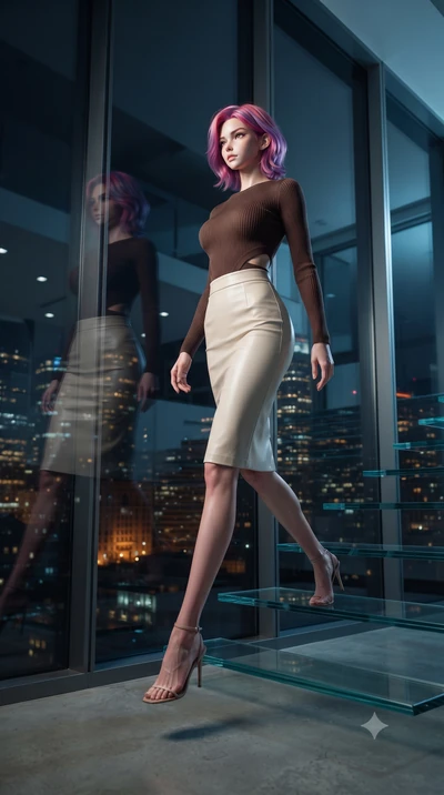 score_9, masterpiece, best quality, ultra-detailed, high-budget anime keyframe, editorial fashion photography, tasteful artistic composition, Caucasian woman, strictly human ears. low angle full-body shot from head to toe showing her feet, filling th